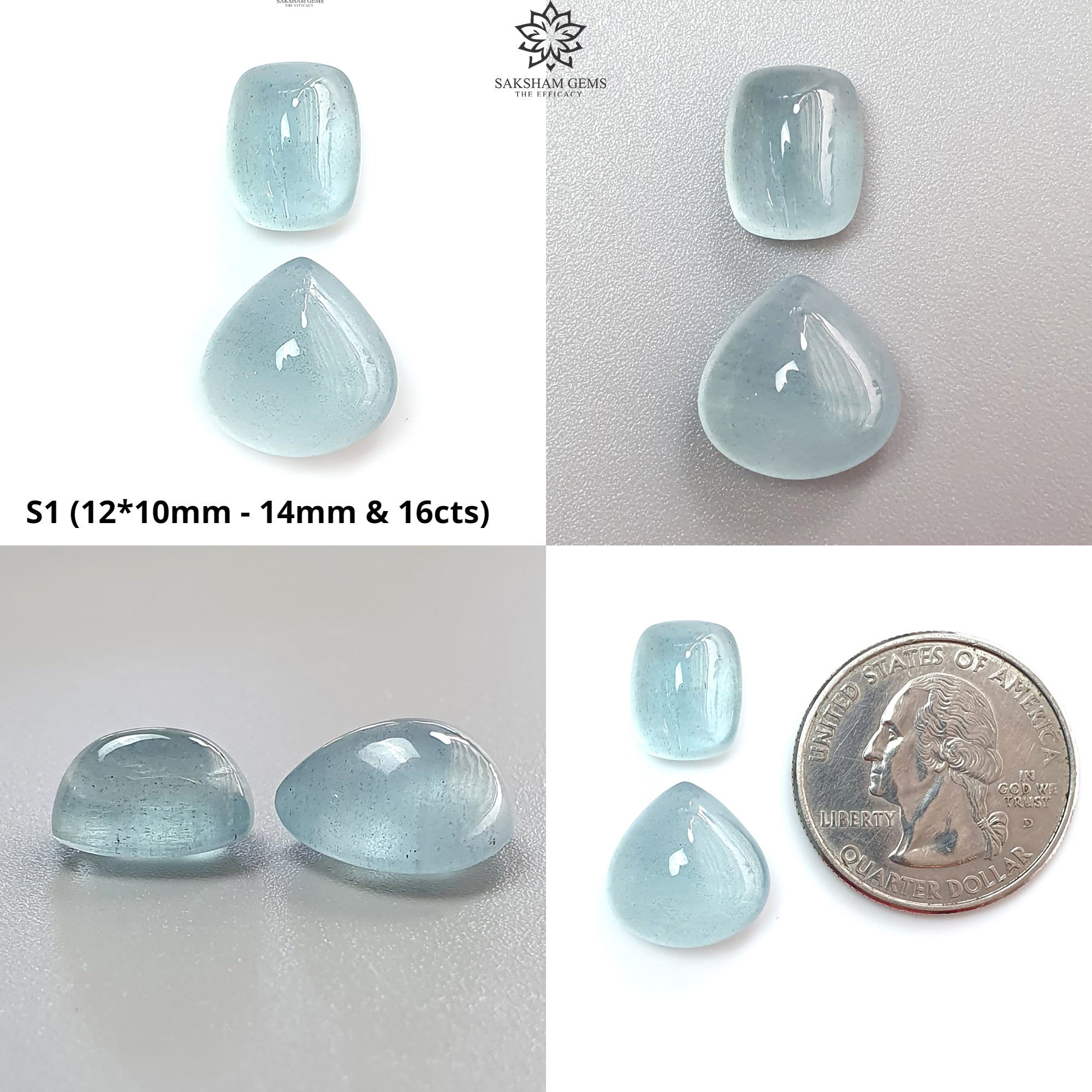 Natural Blue Aquamarine Gemstone Cabochon - Untreated Oval Pear & Cushion Shape 2pc Set for Jewelry Making, March Birthstone | Perfect for Rings, Necklaces, Earrings & DIY Crafts