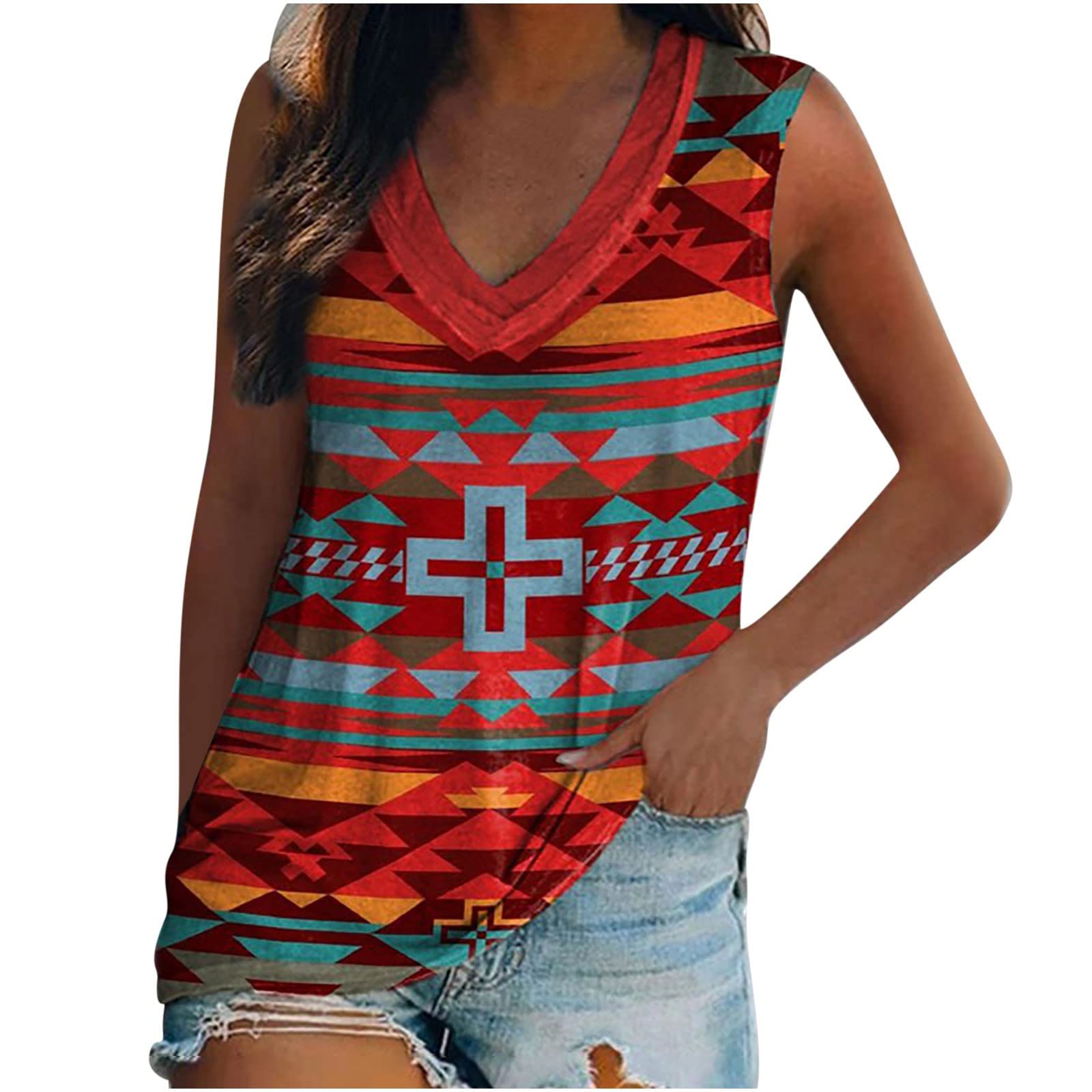 Messigaot Women's V-Neck Graphic Tank Tops - Western Ethnic Style Sleeveless T-Shirts with Geometric Rhombus Print | Perfect for Summer Outfits, Music Festivals & Boho Fashion