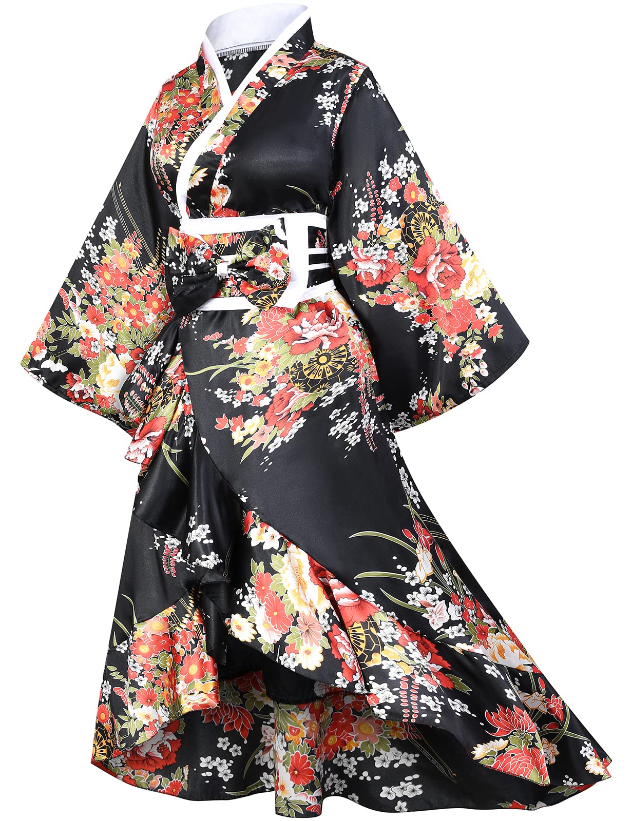 Japanese Women's Kimono Robe - Elegant Geisha Yukata with Sweet Tuxedo Ruffle & Blossom Print | Satin Bathrobe Sleepwear Set with Tabi Socks | Perfect for Spa Days, Cosplay, and Relaxing at Home