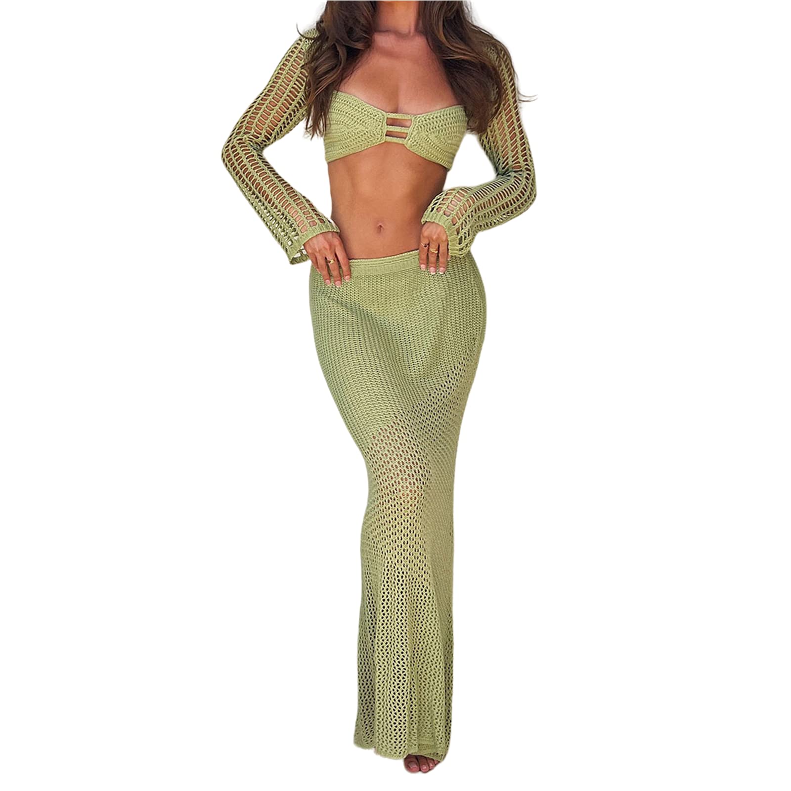 Y2K Women's Hollow Out 2 Piece Skirt Set - Halter Neck Backless Crop Camisole & Split Maxi Skirt | Knit Beach Outfit for Summer Vacation, Pool Party, and Boho Fashion