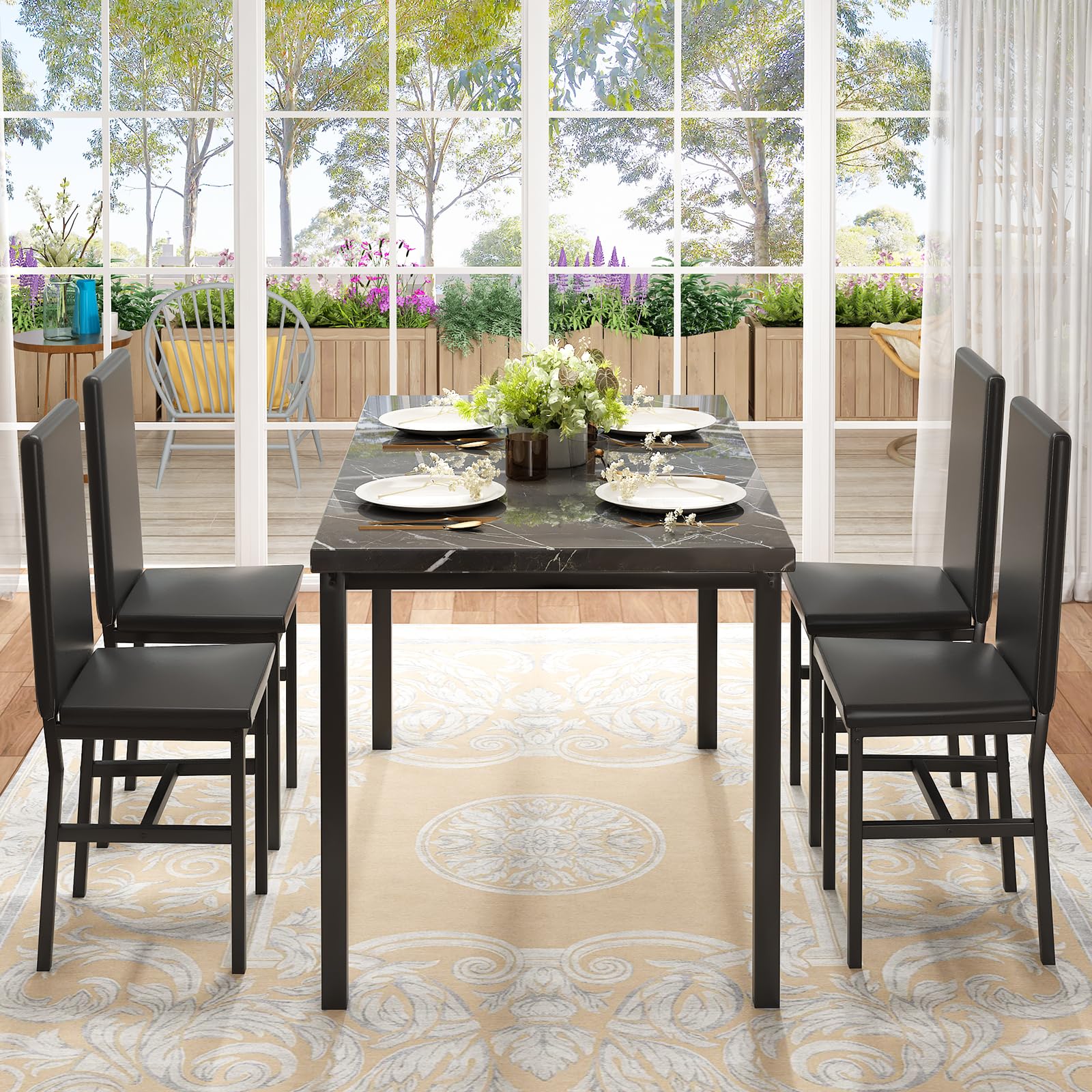 Modern 5-Piece Dining Table Set for 4 - Faux Marble Table & 4 PU Leather Chairs - Space-Saving Kitchen/Dining Room Set for Small Spaces, Apartments, Dinettes - Perfect for Family Meals, Dinner Parties & Compact Living (Black)