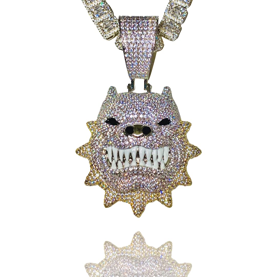 14K Gold Plated Men's Pitbull Dog Tennis Chain Necklace - Iced Baguette Link Choker with Angry Dog Charm (12mm) for Hip Hop Fashion & Streetwear Accessories