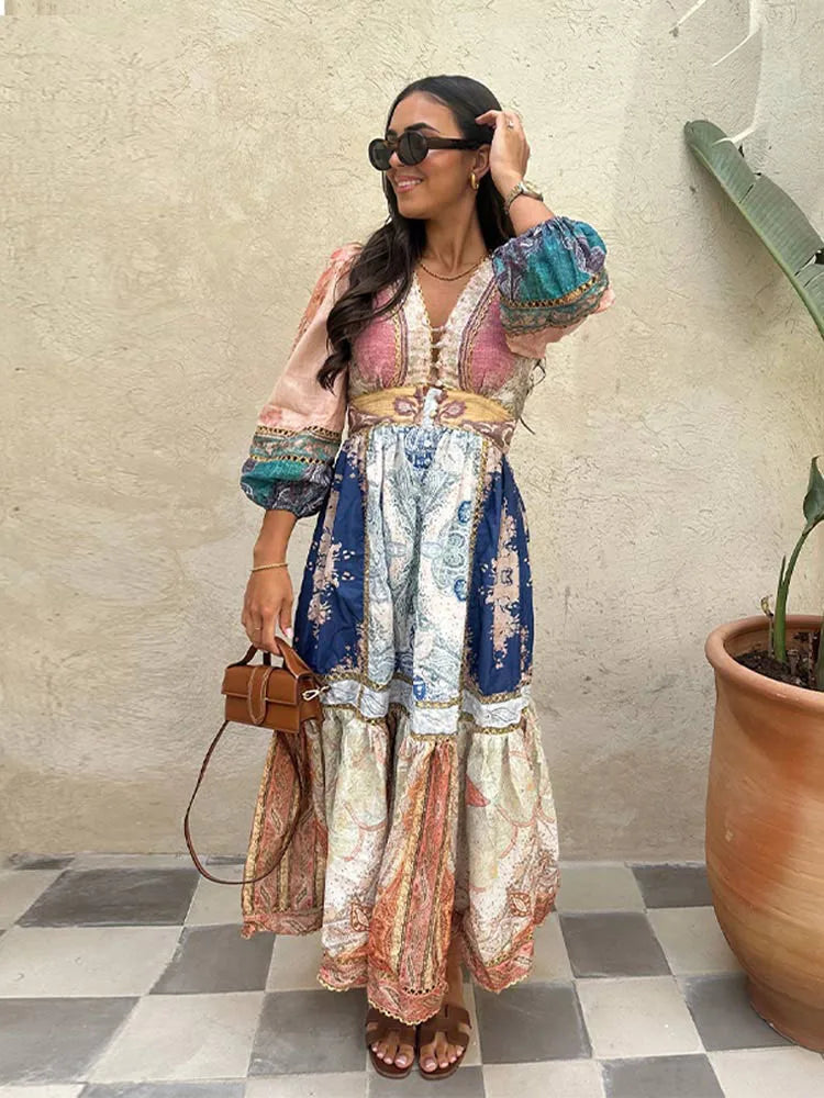 Women's Fashion Puff Sleeve Patchwork Print Midi Dress - Sexy V-Neck High Waist Long Dress for Vacation & Streetwear | Summer Beach Outfit, Date Night Dress, Party Wear