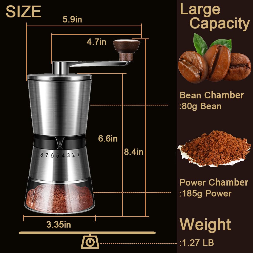 Premium Manual Coffee Grinder - 8 Adjustable Coarseness Settings, Large Capacity Ceramic Burr Mill with Stainless Steel Body for Espresso, French Press & Pour Over | Perfect for Home, Travel & Camping | Easy to Clean & Portable Design