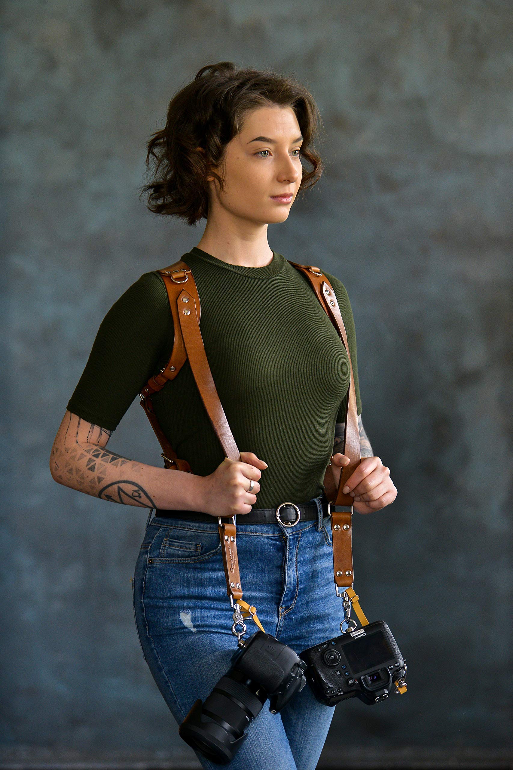 Premium Dual Camera Harness for DSLR/SLR - Soft Lined Leather Two-Camera Strap with Adjustable Straps | Perfect for Photographers, Travel & Outdoor Shooting