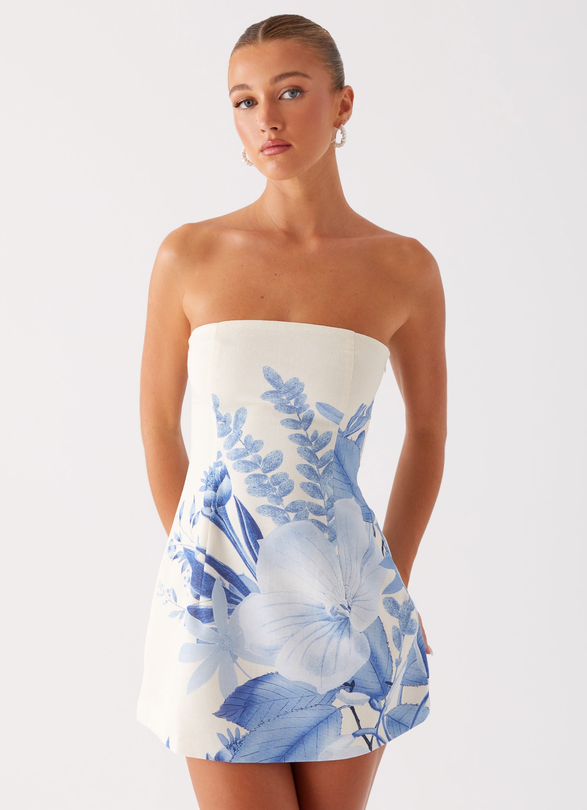 Denby Strapless Mini Dress - Blue Floral Print Summer Dress for Women | Beach Party, Date Night, Vacation Outfit