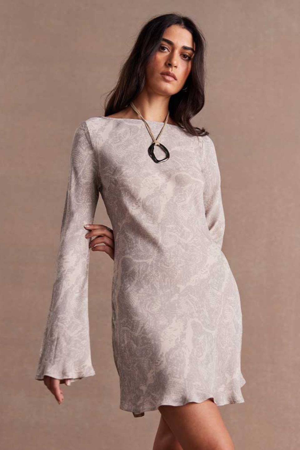 Inara Shadow Grey Bias Cut Long Sleeve Mini Dress - Perfect for Night Out, Party, and Special Occasions