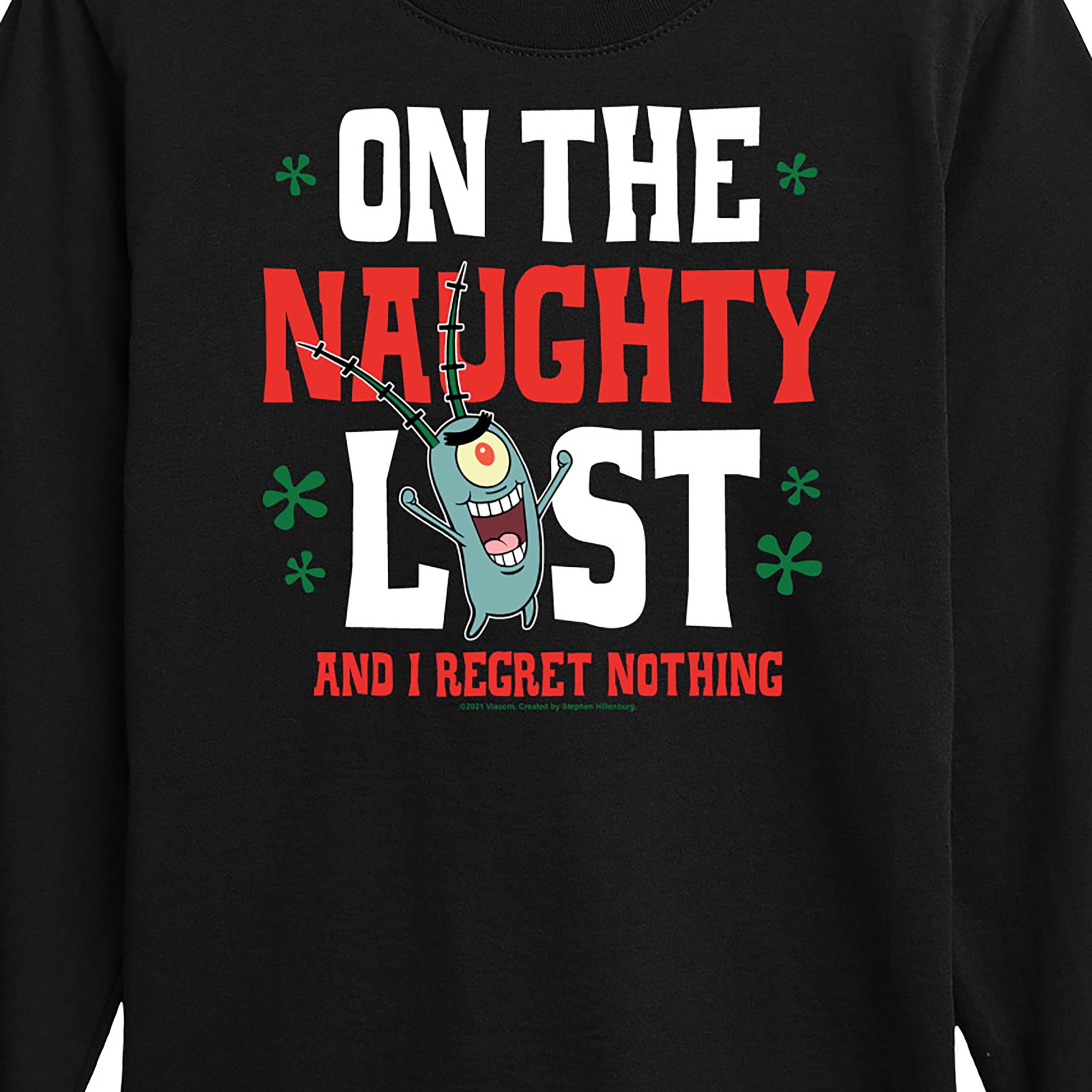 HYBRID APPAREL Spongebob Squarepants Plankton Naughty List Graphic T-Shirt - Long Sleeve Toddler & Youth Tee - Funny Cartoon Character Shirt for Kids Birthday, Christmas Gifts & School Wear