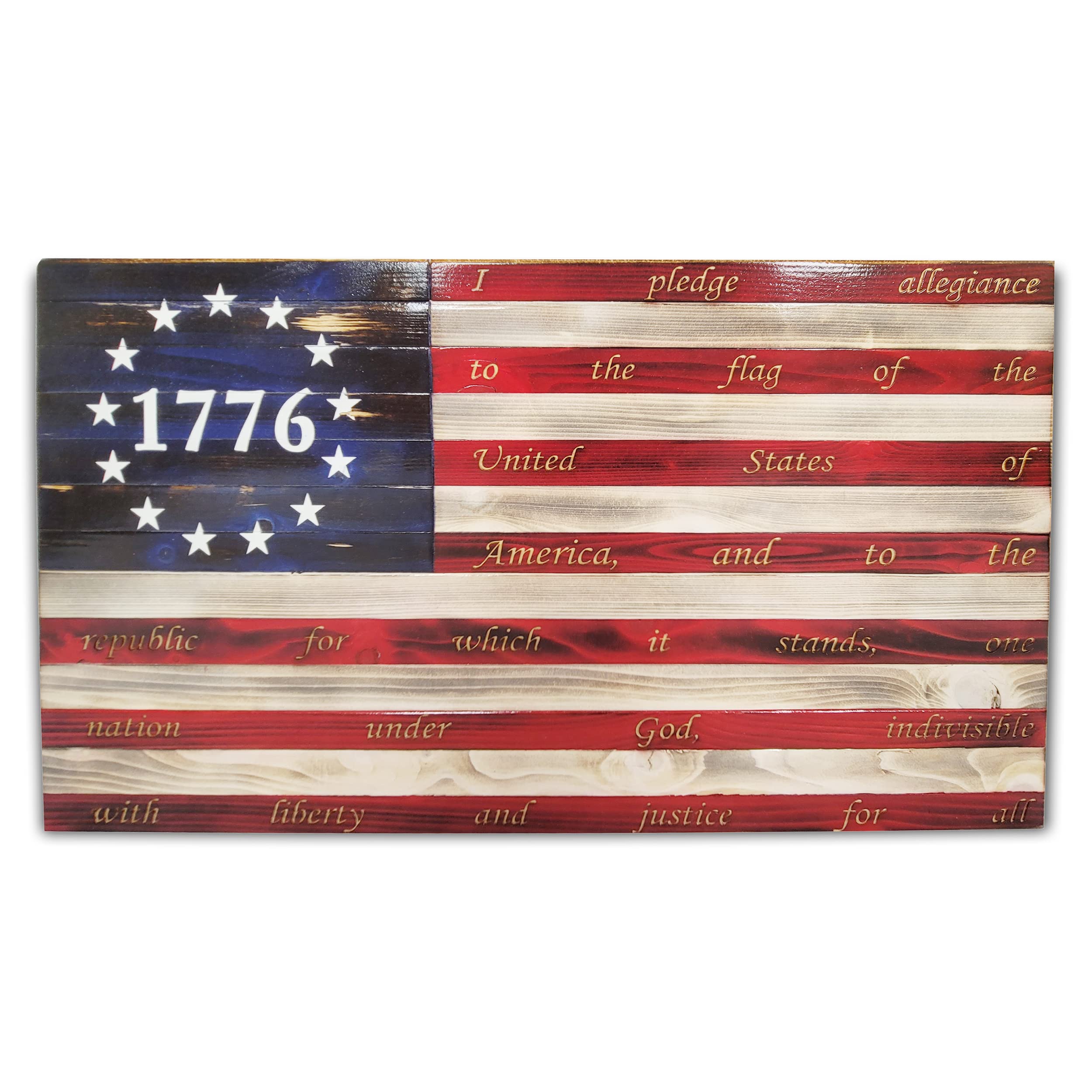 13 Stars 1776 Laser Etched Pledge of Allegiance Indoor American Flag - Handmade Wooden Wall Art for Home Decor, Independence Day, Patriotic Room Decor | Made in USA by Pioneer Pacific Flags (Large 3Ft Size) - Perfect for Living Rooms, Offices & Patriotic Events