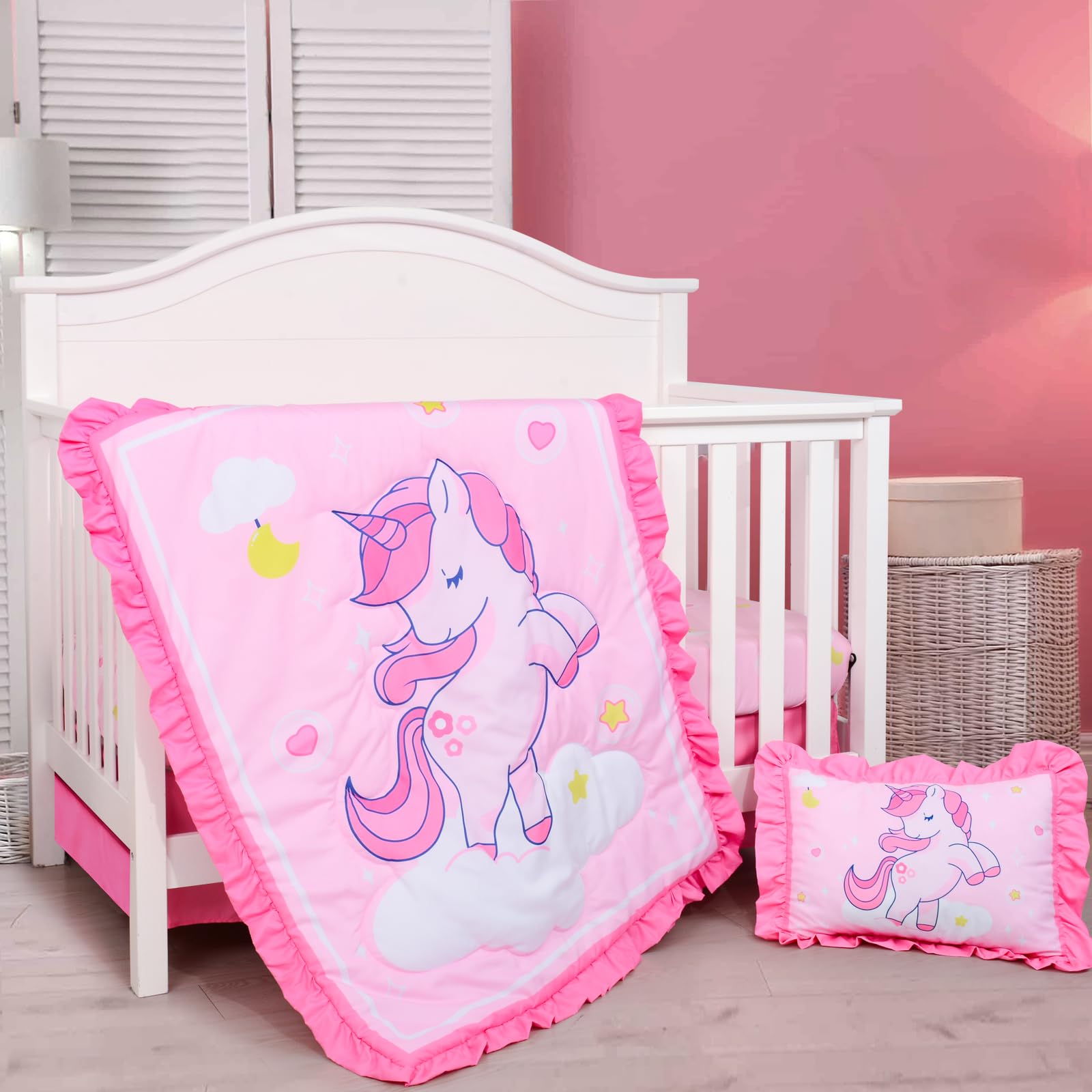 UOMNY 4-Piece Unicorn Crib Bedding Set for Baby Girls - Soft Comforter, Crib Sheet, Skirt & Pillowcase - Perfect for Nursery Decor & Newborn Gifts