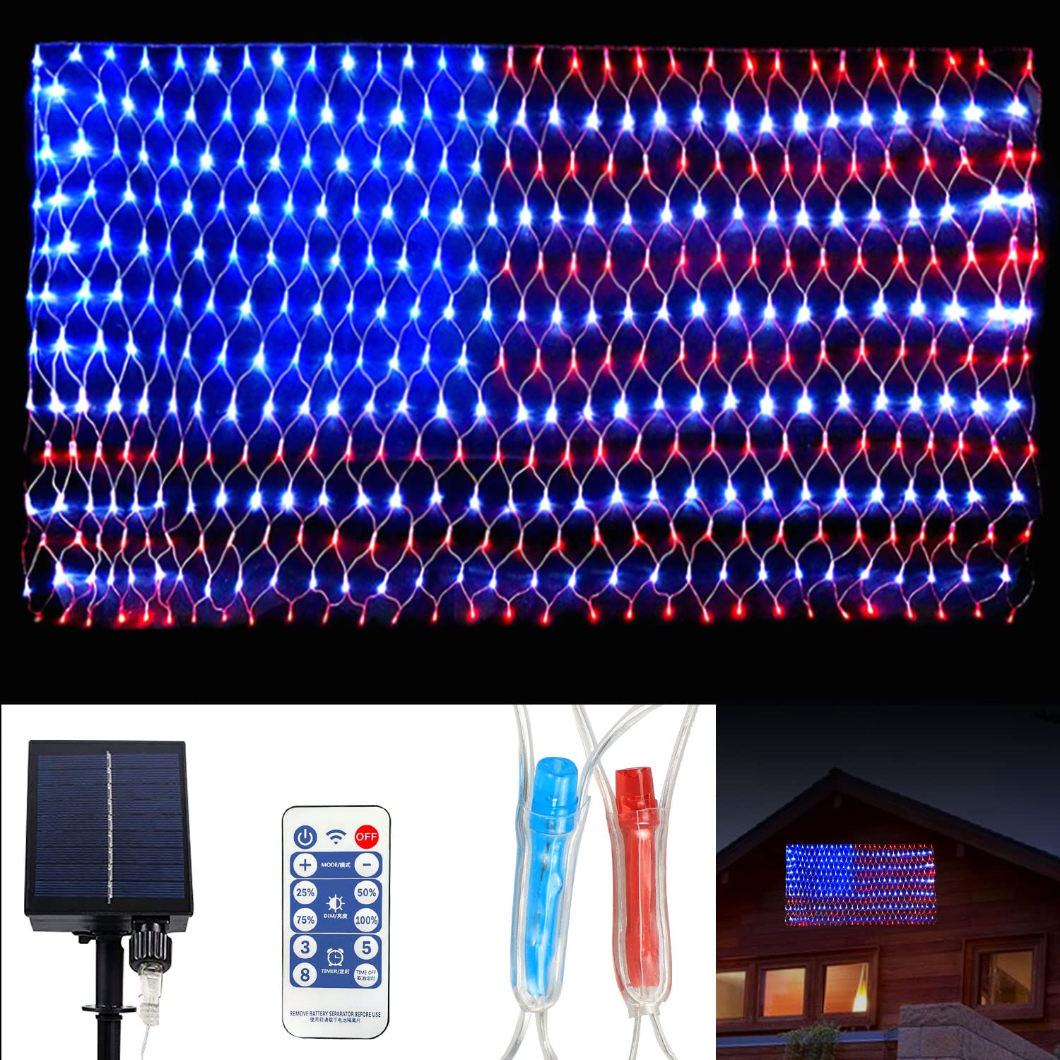 420 LED USA Flag String Lights with Solar & Remote - Patriotic American Flag Net Lights for Outdoor Decor, Yard, Garden, and Holiday Celebrations
