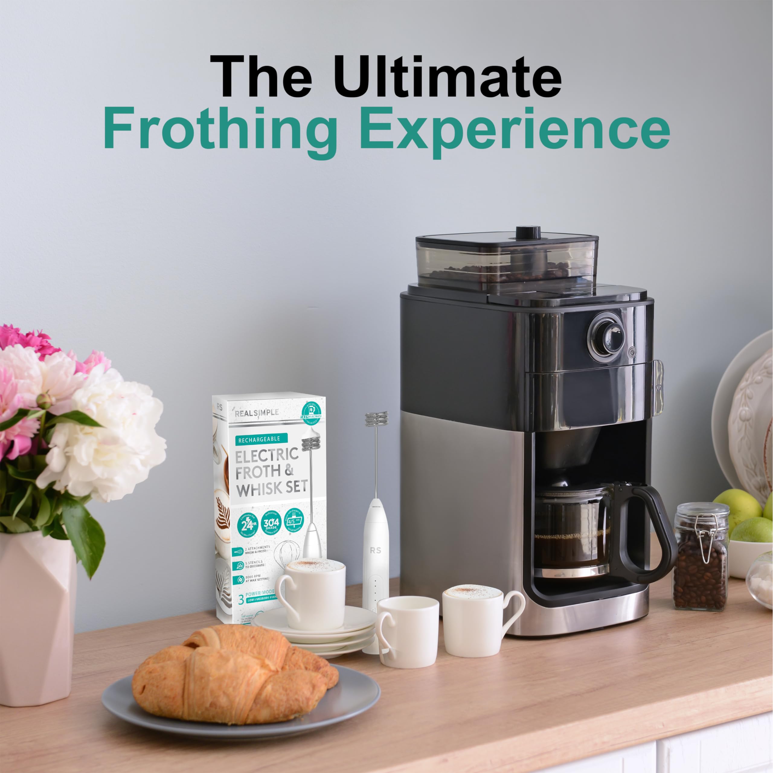 USB Rechargeable Milk Frother and Whisk Set with Stainless Steel Attachments - Includes 5 Coffee Stencils | Handheld Electric Milk Frother for Latte, Cappuccino & Hot Chocolate | Perfect for Home, Office & Coffee Shops | White