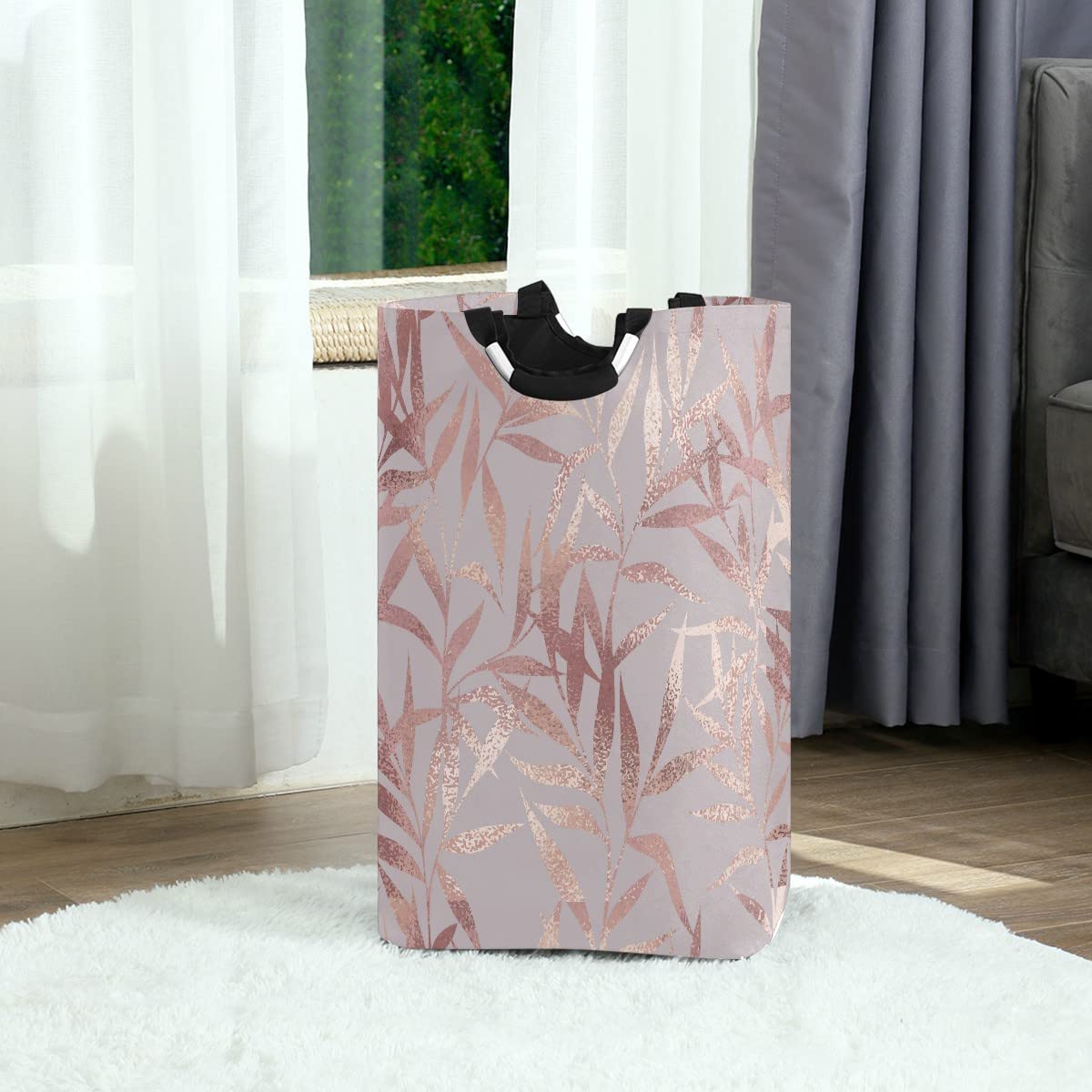 Rose Gold Leaves Foldable Laundry Bag with Handles - Collapsible Laundry Hamper Basket for Bathroom & Laundry Room Organization, Storage & Decor - Perfect for Dorm, Travel & Home Use