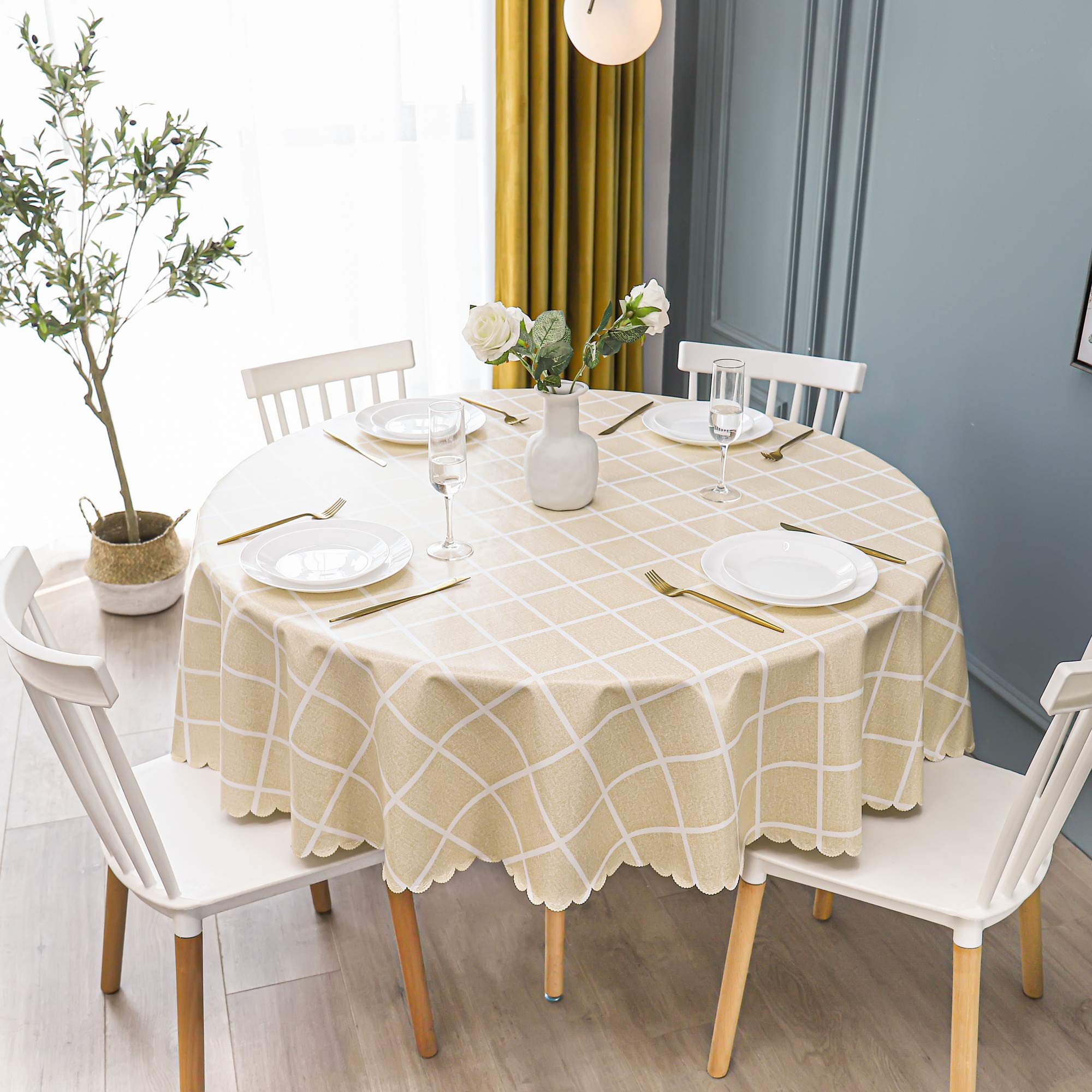 Fhberni Waterproof Vinyl Tablecloth - Heavy Duty Round Plaid Table Cover for Kitchen & Dining Room - Wipeable & Stain Resistant Beige Vinyl Tablecloth (70