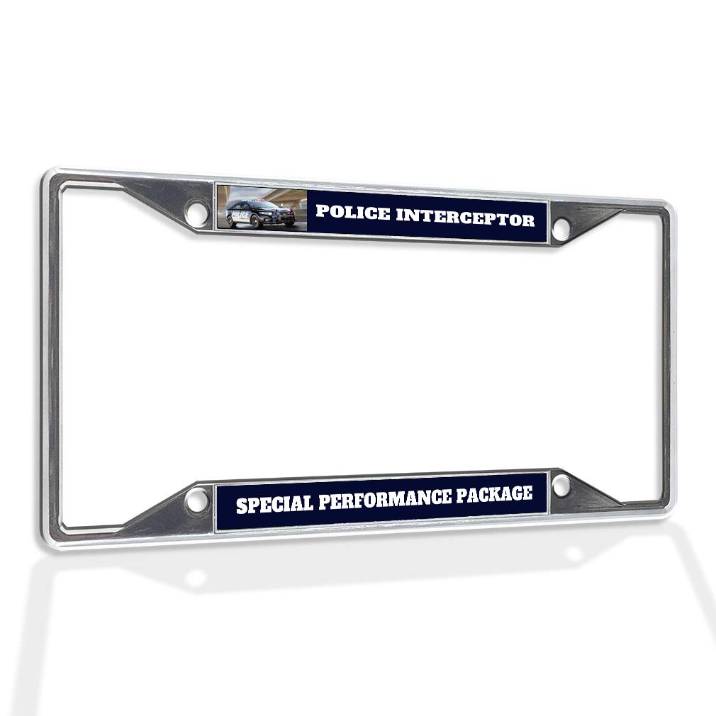 Police Interceptor Metal License Plate Frame - Chrome 4-Hole Solid Insert, Weatherproof Car Accessory for Special Performance Package | Durable Auto Exterior Upgrade for Police Vehicles & Enthusiasts