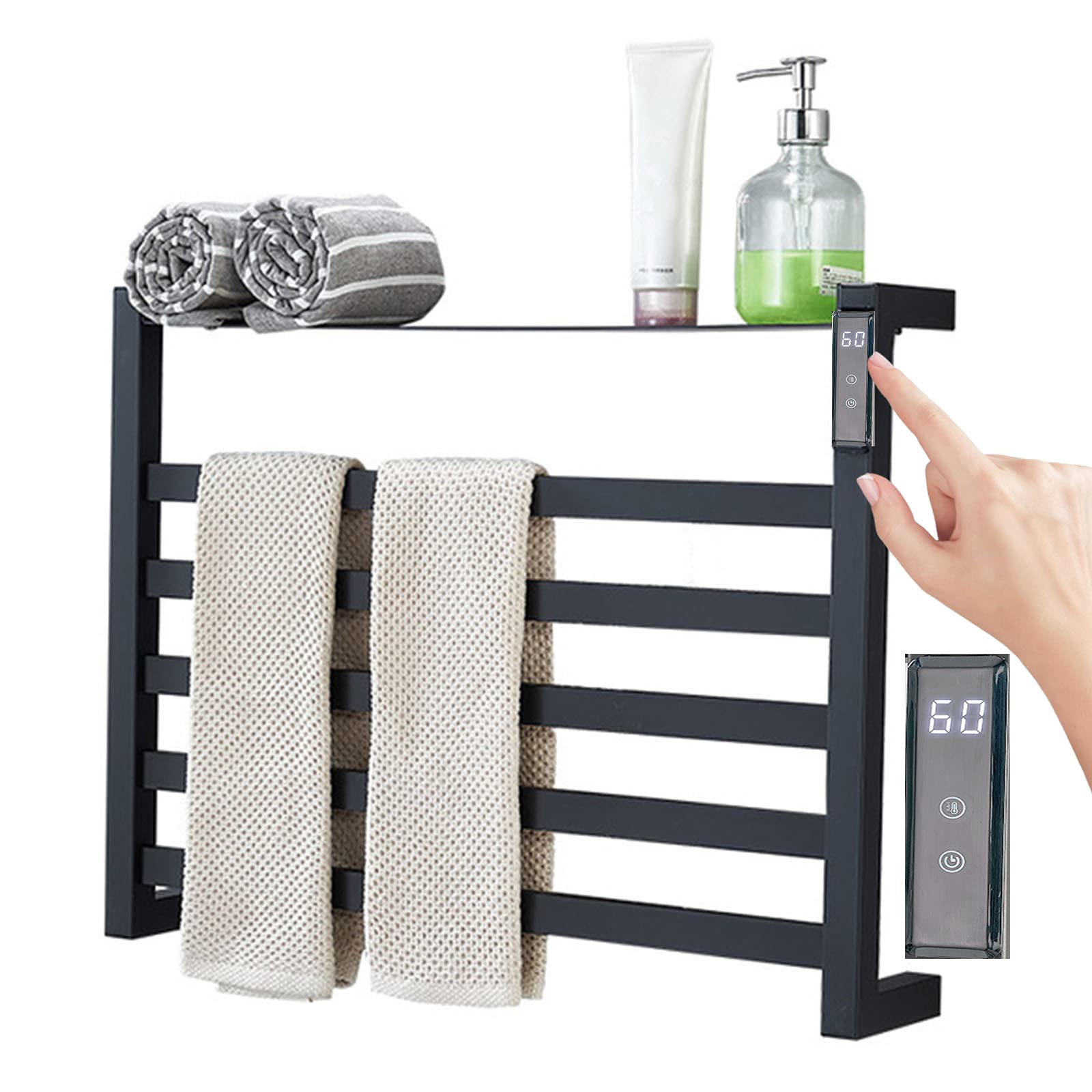 Stainless Steel Electric Heated Towel Rail with Top Shelf - 80W Wall Mounted Bathroom Towel Warmer with 2-8H Timer - Compact Space Saving Design for Small Bathrooms, Spas & Luxury Hotels