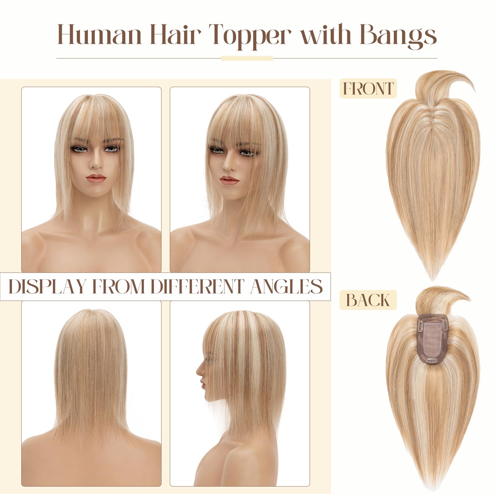 100% Human Hair Toppers for Women with Bangs - Clip-In Hair Topper for Thinning Hair, Golden Brown & Bleach Blonde #12P613, 14 Inch 44g - Perfect for Daily Wear, Special Occasions & Hair Volume Enhancement