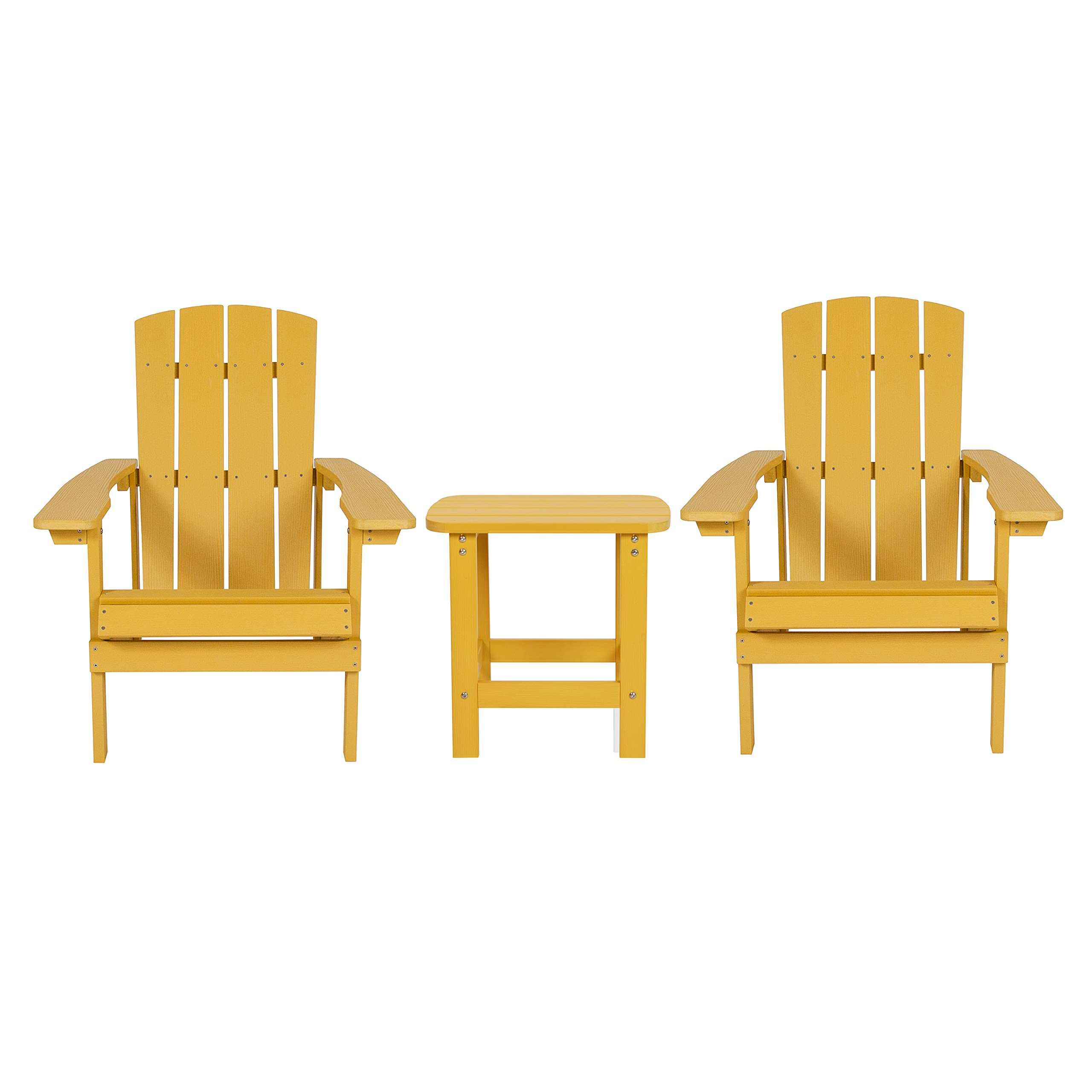 EMMA + OLIVER Yellow Adirondack Style Patio Set - Indoor/Outdoor Side Table with 2 Chairs | Perfect for Backyard, Garden, Poolside & Porch Relaxation