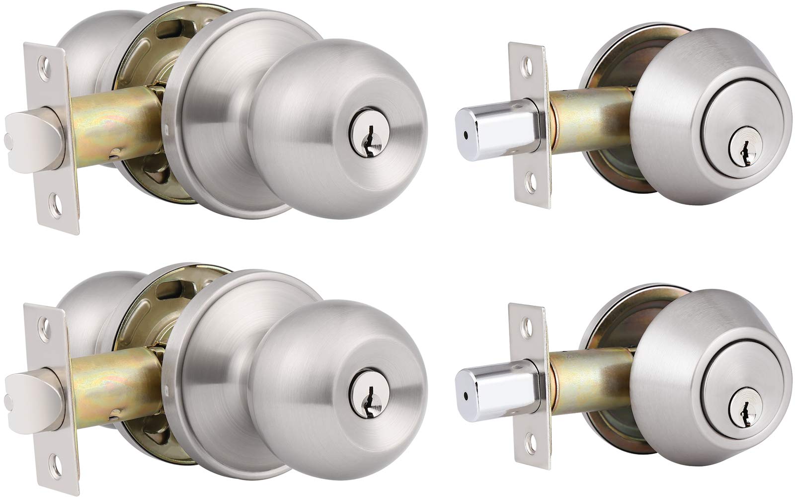 2 Pack Keyed Alike Door Knob & Deadbolt Set - Satin Nickel Finish for Home Security