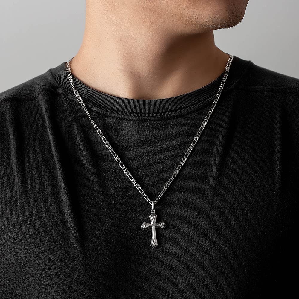 FANCIME 925 Sterling Silver Cross Pendant Necklace for Men - White Gold Plated with 4MM Figaro Chain, 24 Inch - Religious Jewelry Gift for Him, Perfect for Baptism, Confirmation & Daily Wear