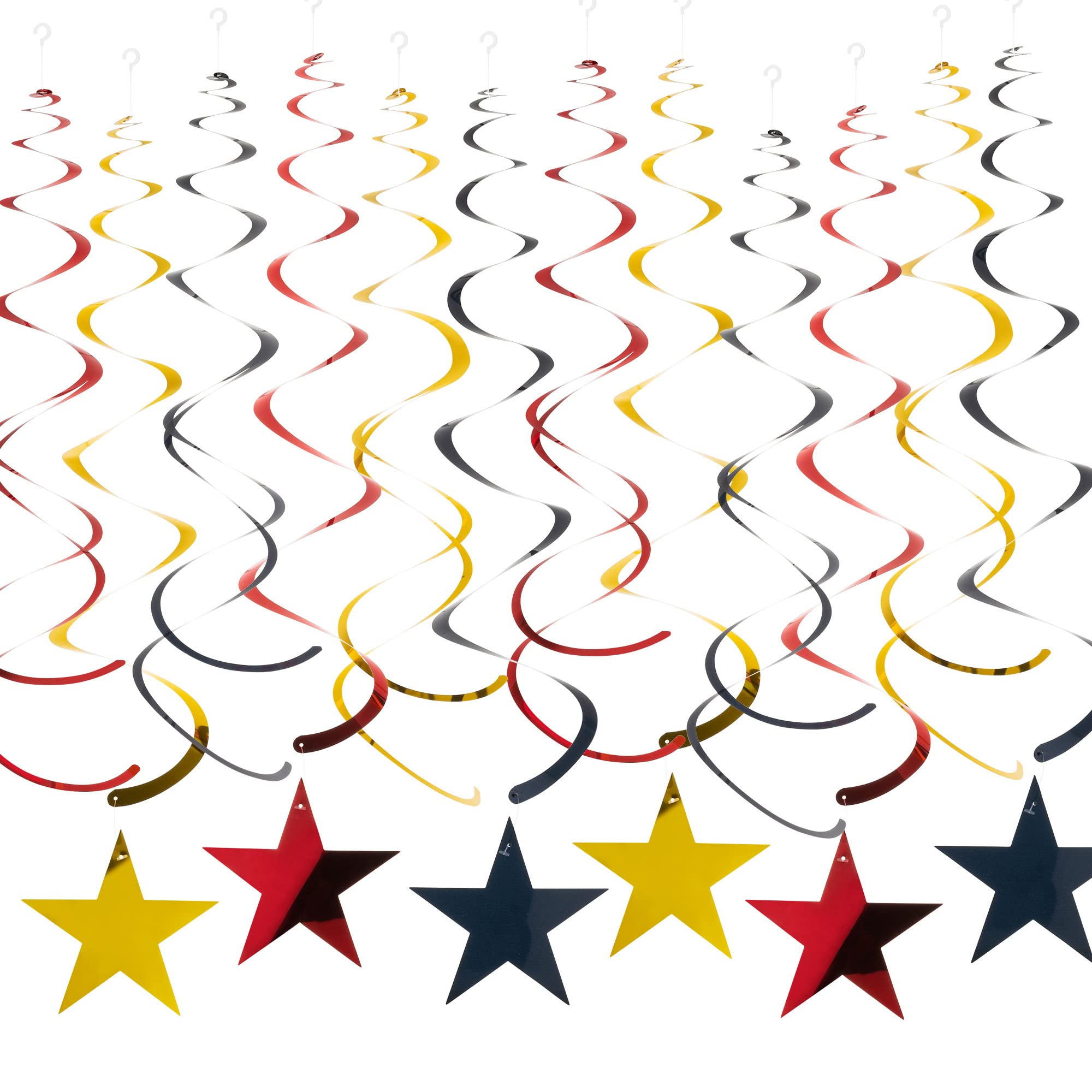 Red Black Gold Star Hanging Swirl Decorations - 30 Pack Foil Swirls for Ceiling Decor, Party Supplies | Perfect for Birthday Parties, Baby Showers & Wedding Decorations