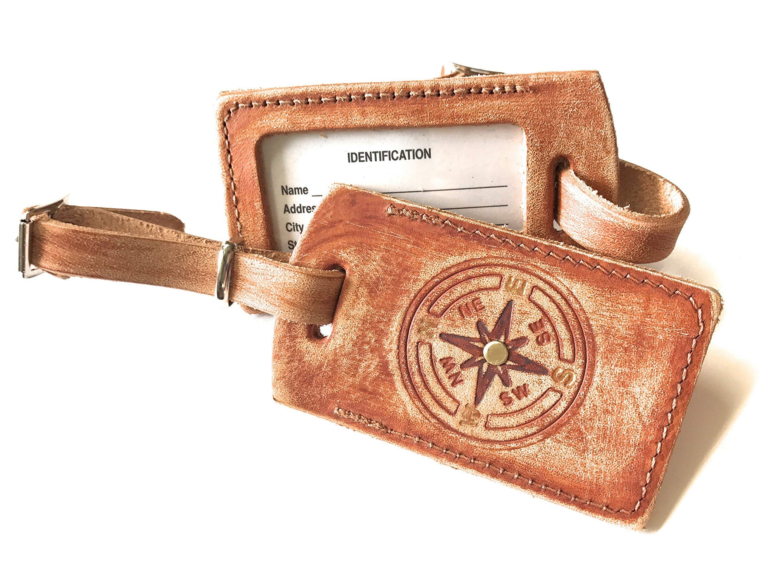 Vintage Boho Leather Luggage Tag with Compass Rose Design & Custom Name Plate - Perfect for Travel, Suitcases, Backpacks & Gift Giving