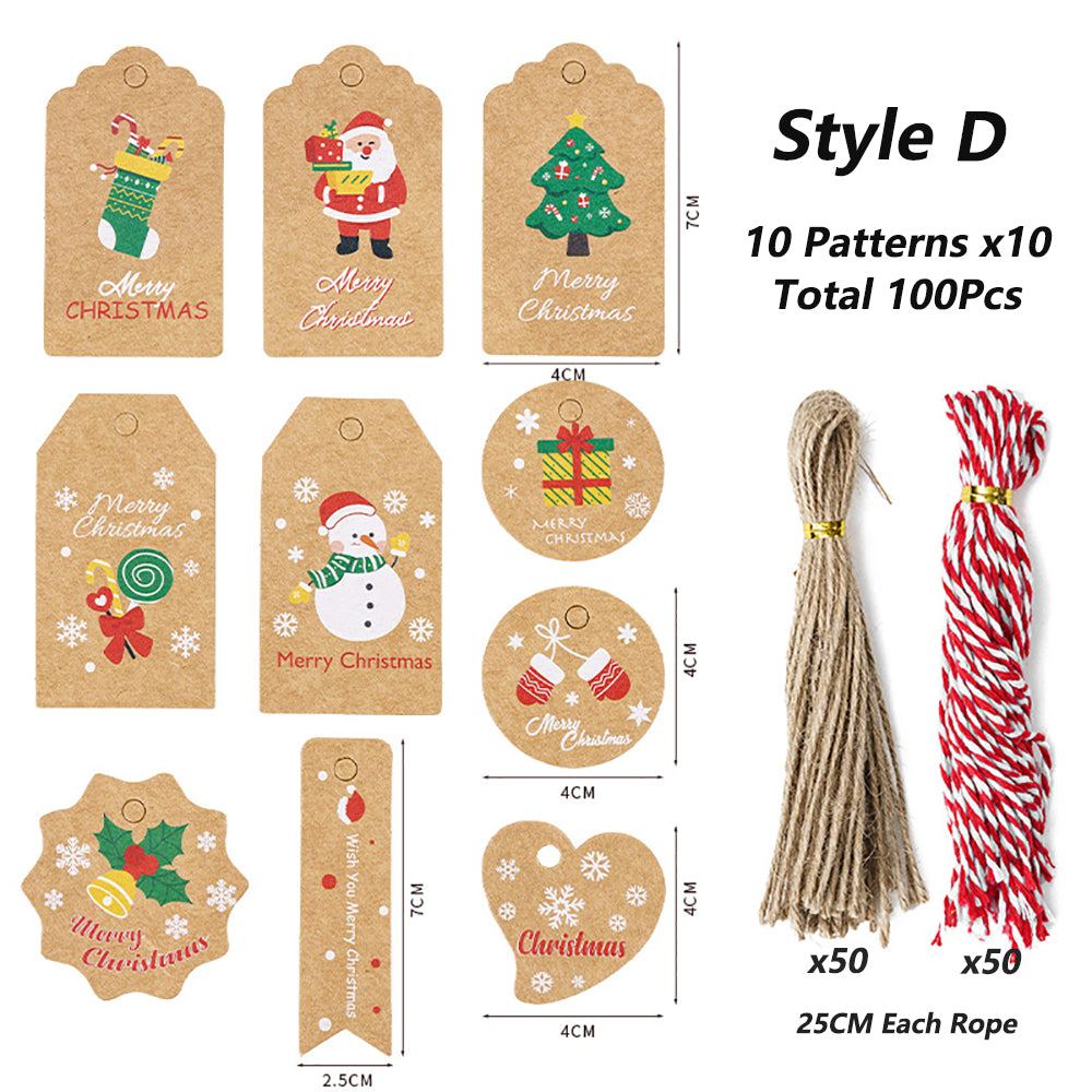 100-Pack Thick 350g Kraft Paper Christmas Gift Tags - Durable Wrapping Hang Tags for Holiday Presents (Style D) | Perfect for Xmas Decor, DIY Crafts & Party Favors