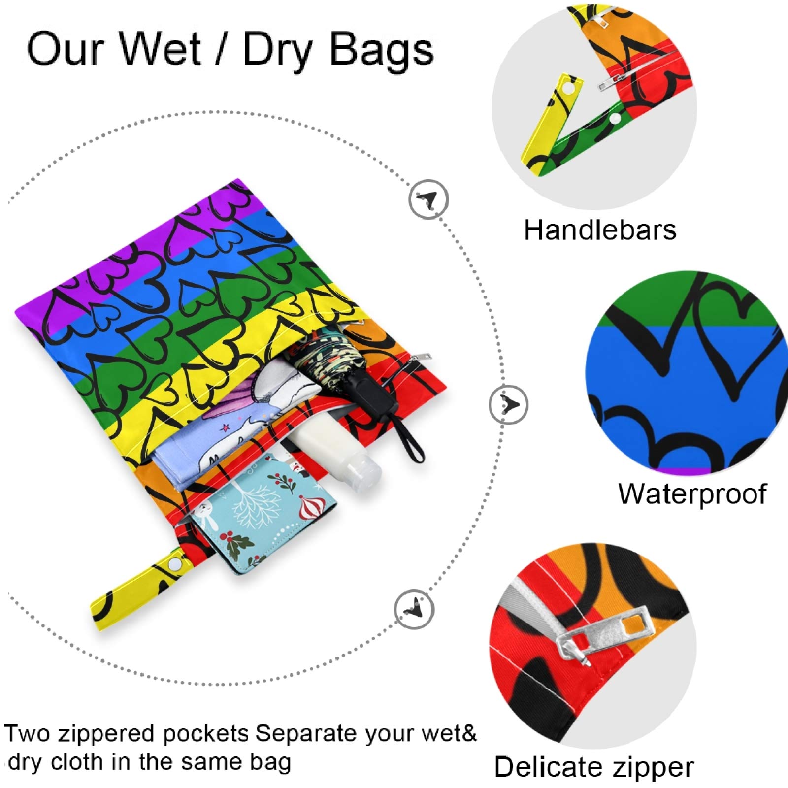 Visesunny Valentine's Day Heart Rainbow Stripe 2-Piece Wet Bag Set - Waterproof Zippered Pockets, Washable & Reusable for Travel, Beach, Pool, Daycare, Stroller | Perfect for Diapers, Gym Clothes, Swimsuits & Toiletries Organization