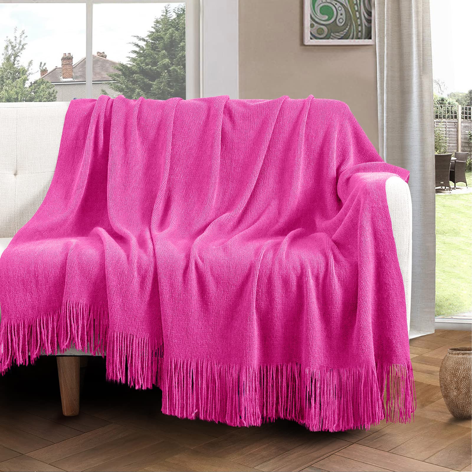 Vonty Hot Pink Knitted Blanket with Tassels Fringe 50