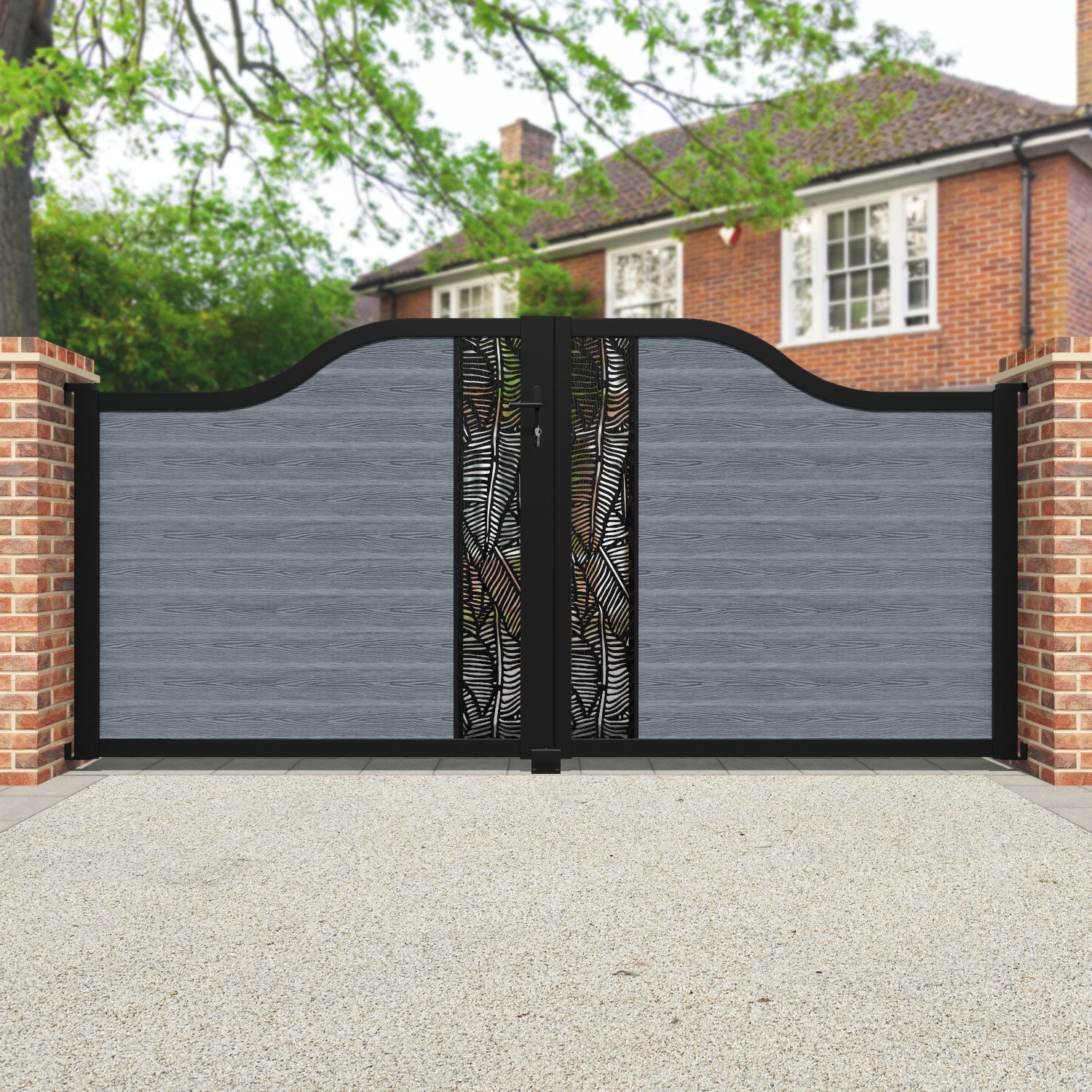 Classic Feather Curved Top Driveway Gate - Anthracite Finish with Middle Screen | Elegant Driveway Entrance for Homes & Estates | Perfect for Security & Curb Appeal