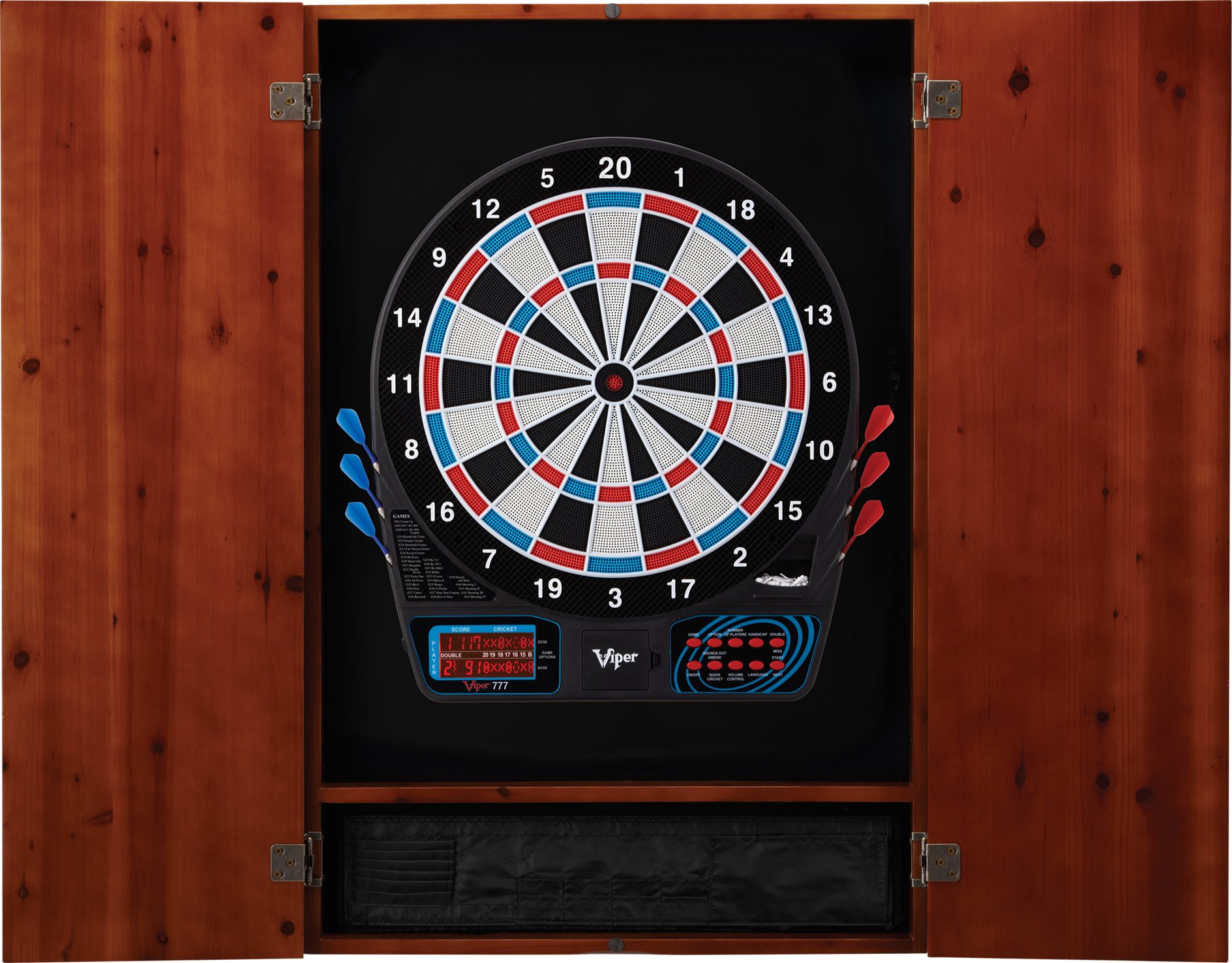 Premium Viper Metropolitan Solid Wood Dartboard Cabinet with Electronic Dartboard - Ready-to-Play Bundle Includes 2 Sets of Soft-Tip Darts & Integrated Storage - Multiple Stain Options for Home Game Room, Man Cave or Bar Entertainment