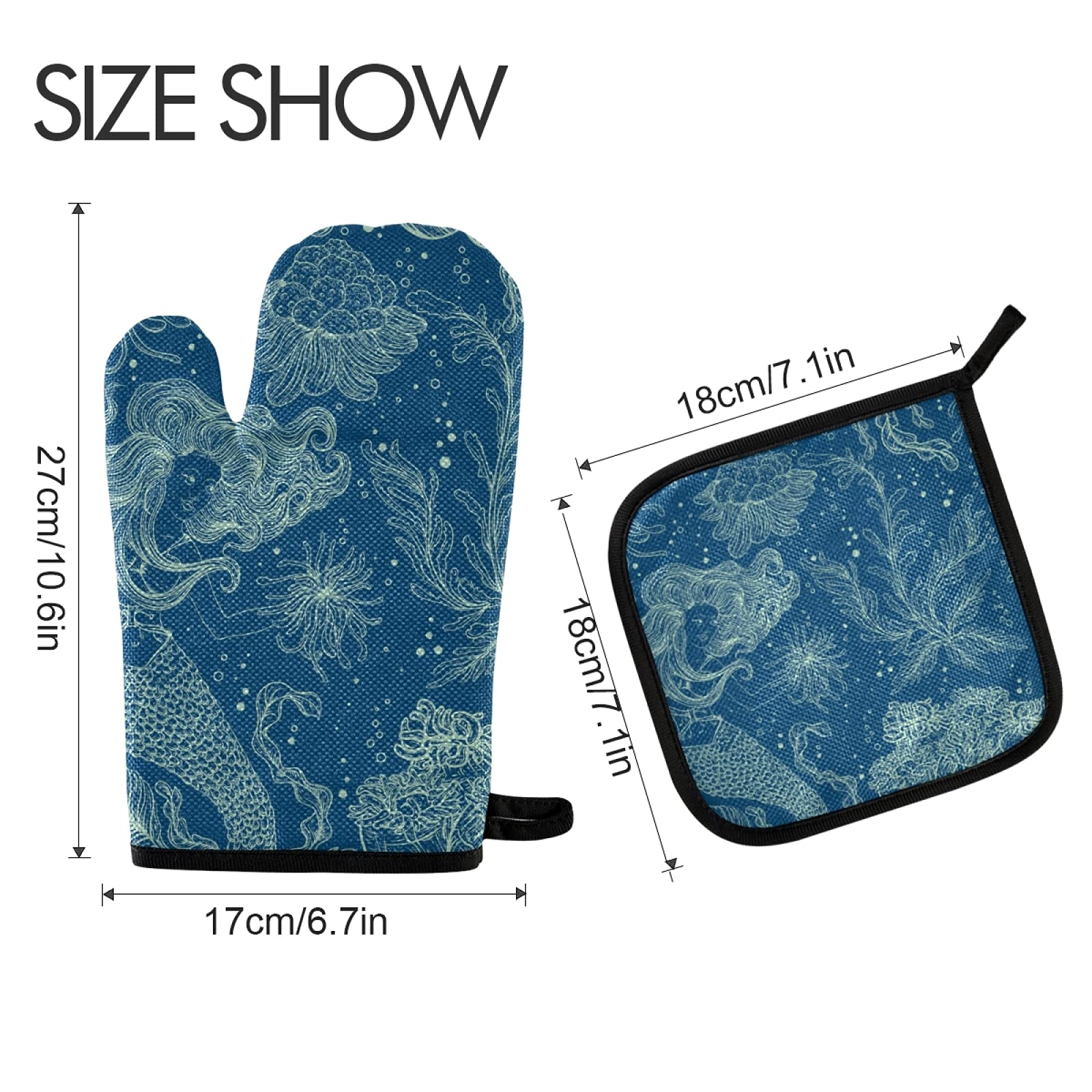 QUGRL Retro Mermaid Coral Oven Mitts & Pot Holders Set - Heat Resistant Kitchen Gloves for Baking, Cooking & BBQ - Underwater Theme Hot Pads for Safe Cookware Handling - Perfect for Beach House Kitchens & Mermaid-Themed Parties