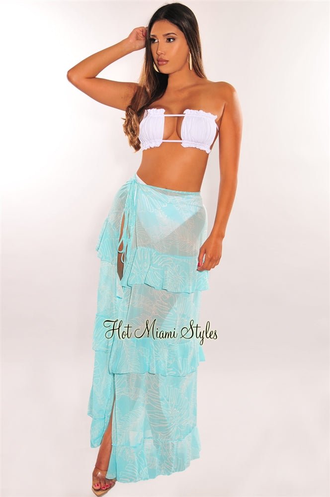 Aqua White Palm Print Tie-Up Ruffle Maxi Skirt - Beach Cover Up for Women, Summer Vacation, Pool Party & Boho Outfit