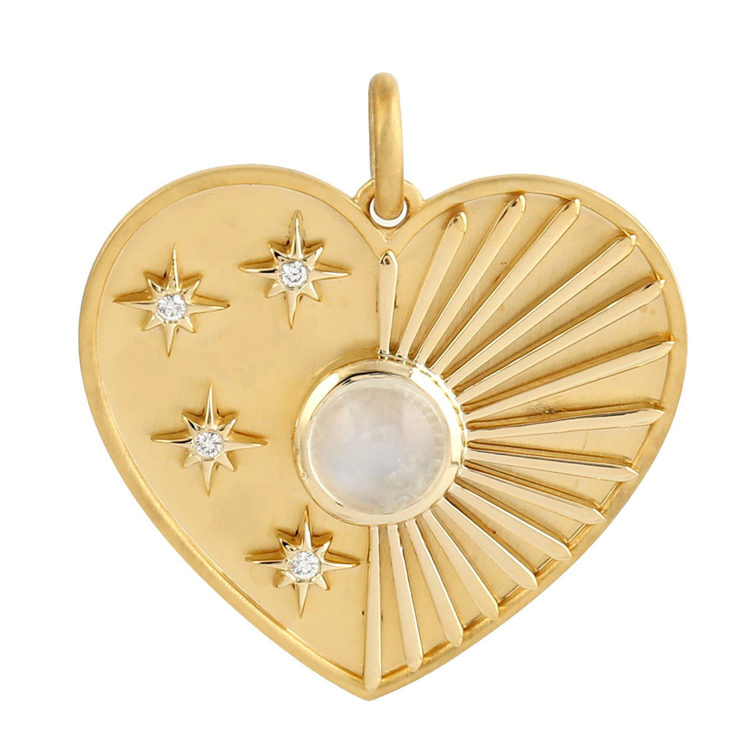 14K Yellow Gold Moonstone & Diamond Sunburst Star Heart Pendant - Prong Set Bezel Jewelry for Women, Perfect Gift for Anniversary, Birthday & Valentine's Day