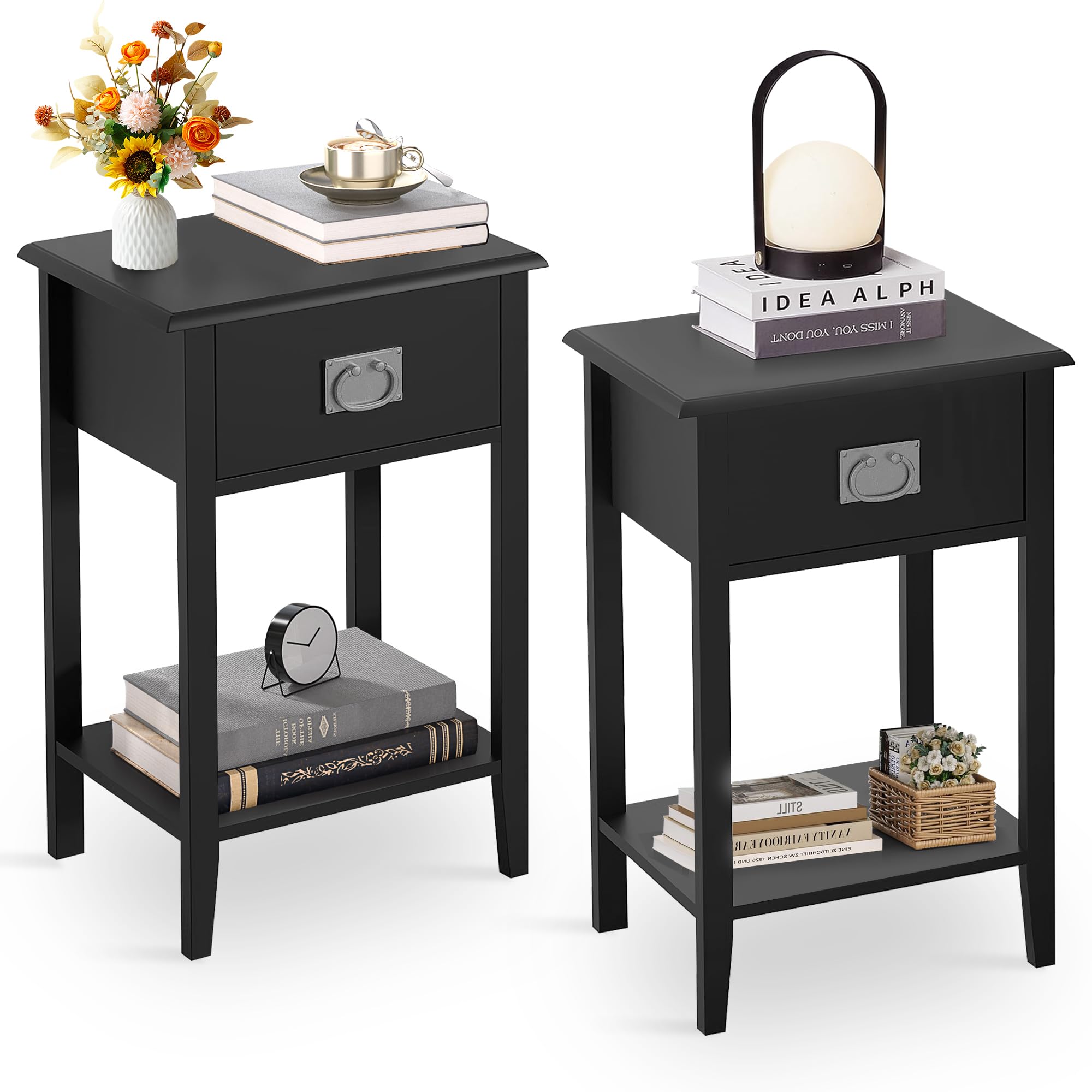 VECELO Set of 2 Vintage Nightstands with Storage Drawer & Open Shelf - Solid Wood Bedside End Tables for Bedroom, Living Room, Small Spaces - Perfect for Storing Books, Lamps & Bedroom Essentials (Black)
