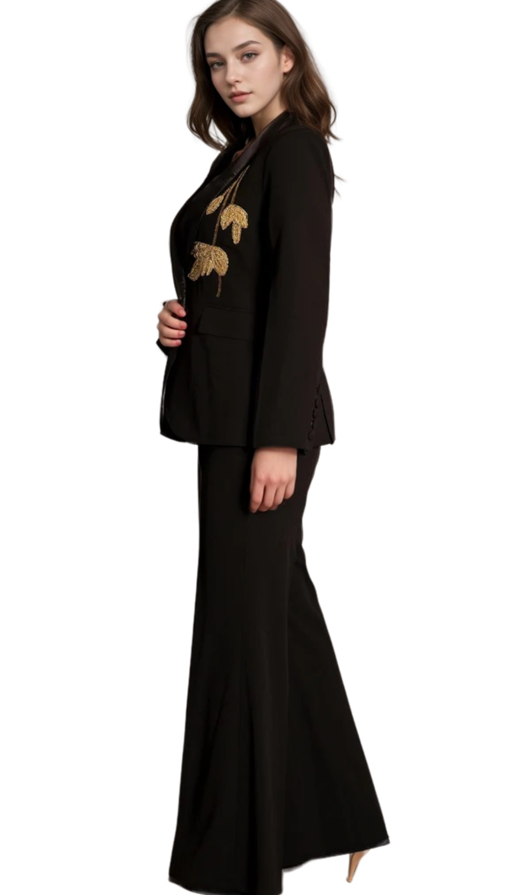 Angela Primatou Black Embroidered Flared Blazer Suit for Women - Elegant Office Wear & Evening Party Outfit