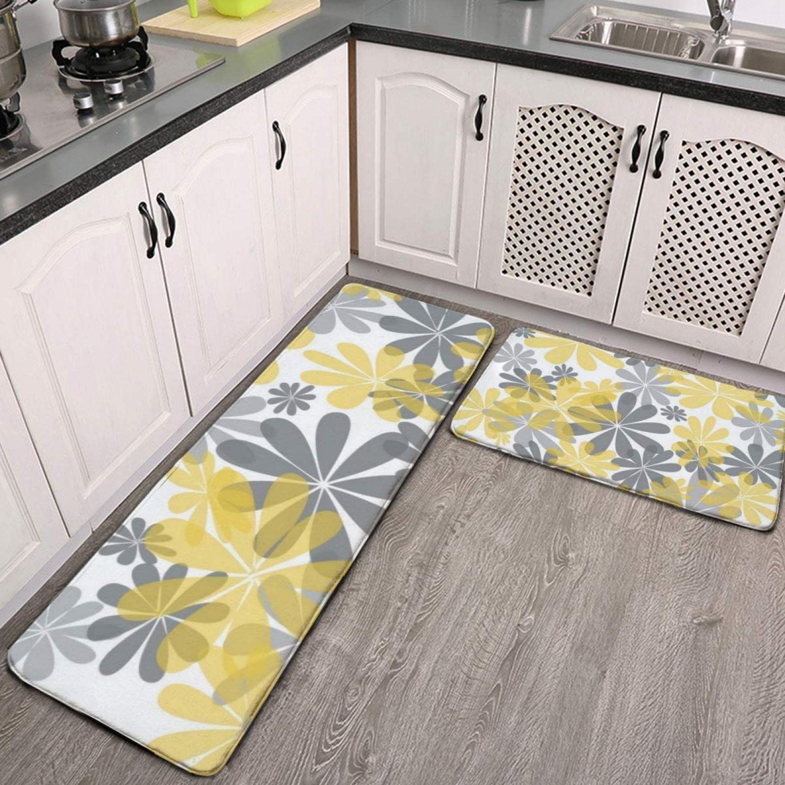 Non-Slip Kitchen Rug and Mat Set of 2 - Soft Yellow Gray Floral Runner Rugs for Entryway, Kitchen & Bedroom (19.7