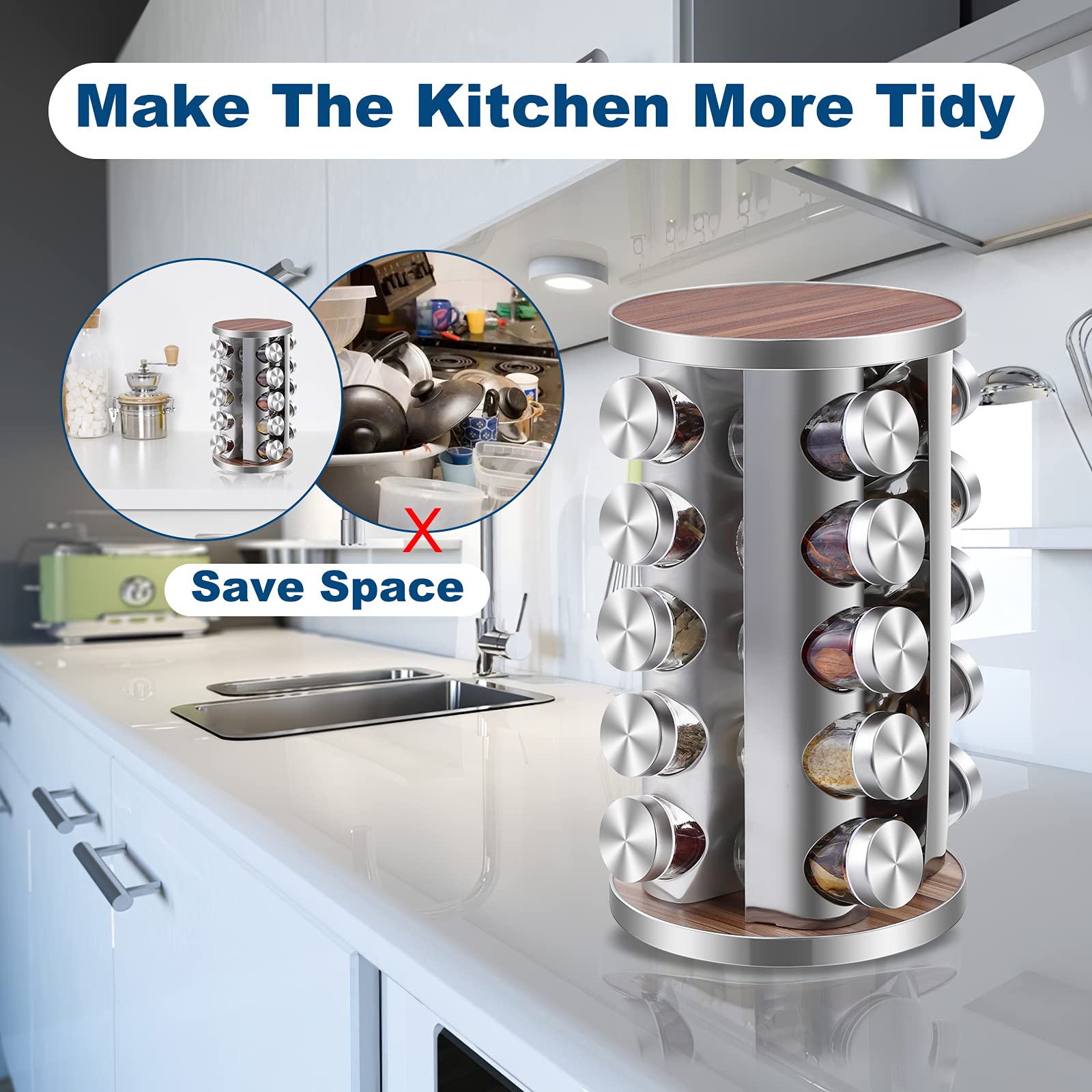 WAYDA Rotating Spice Rack Organizer - 20 Jar Revolving Seasoning Storage for Kitchen Cabinet | Stainless Steel Spice Tower with Reusable Labels & Funnel | Perfect for Countertop Organization & Easy Spice Access