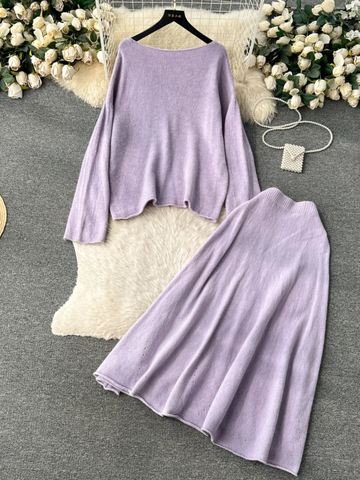 Women's Autumn Winter Knit Two Piece Set - Long Sleeve Pullover Top & High Waist Midi Skirt in White & Purple | Office Wear, Casual Outfits, Holiday Party Outfits