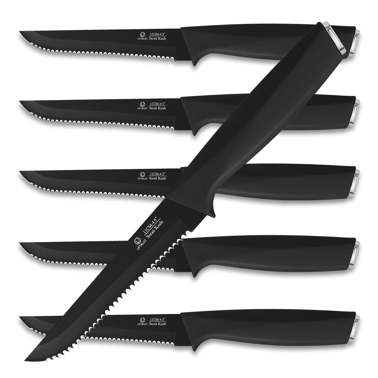 Premium UPTRUST 6-Piece Steak Knife Set - High-Carbon Stainless Steel Serrated Blades, Dishwasher Safe, Elegant Black Handle - Perfect for Steak Dinners, BBQ Parties & Fine Dining Experience