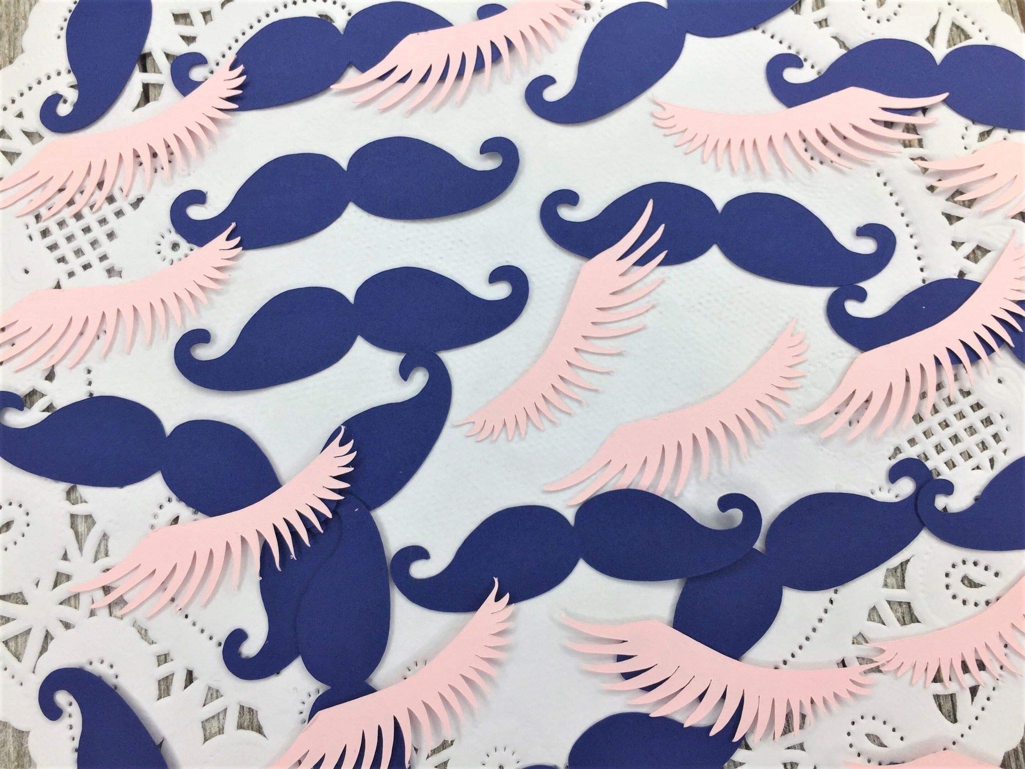 Staches or Lashes Confetti - Navy Blue Mustache & Pink Eyelashes Set (250pcs) - Perfect for Gender Reveal Parties, Baby Showers & Themed Celebrations
