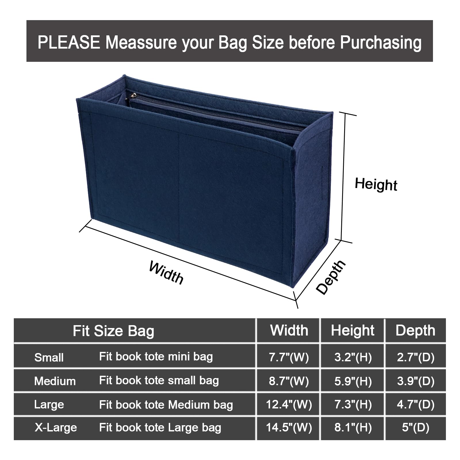 Premium Felt Purse Insert Organizer for Medium Dior Book Tote - Multiple Pockets, Dark Blue (Large) | Perfect for Travel, Work & Everyday Use to Keep Essentials Organized