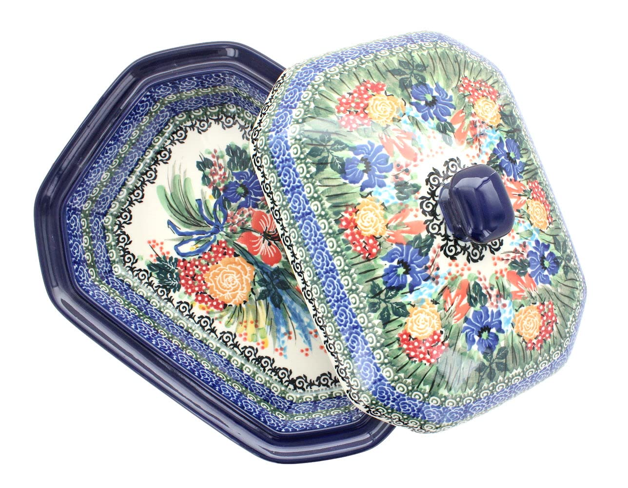 Blue Rose Polish Pottery Summer Blooms Medium Covered Baker - Handmade Ceramic Baking Dish for Casseroles, Pies & Desserts - Perfect for Family Dinners & Holiday Gatherings