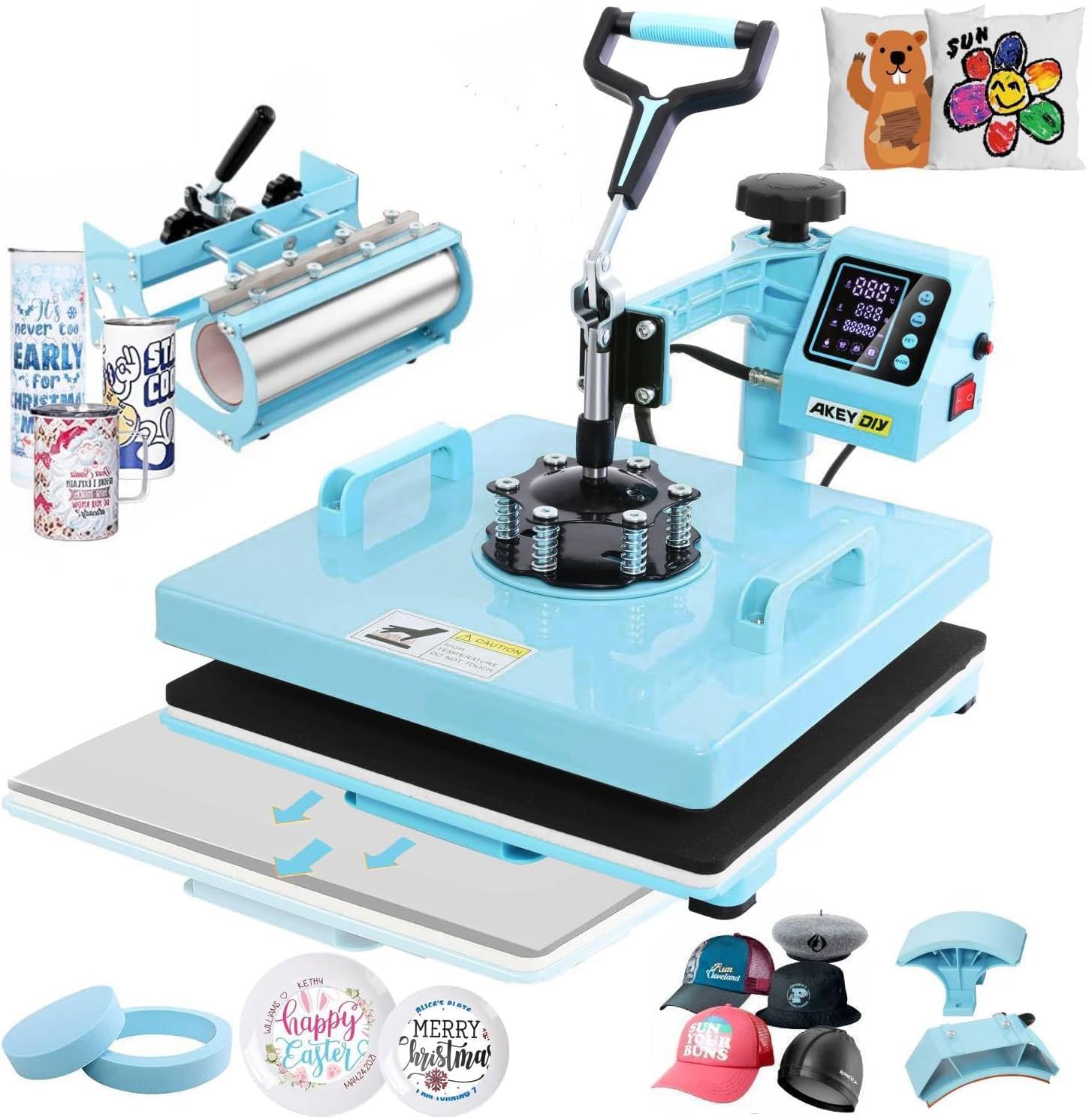 15x15 Inch 5-in-1 Heat Press Machine with 30OZ Tumbler Attachment - Digital Sublimation Transfer Press for T-Shirts, Mugs, Caps & Plates - 1400W Blue Heat Press for DIY Crafts & Small Business Printing