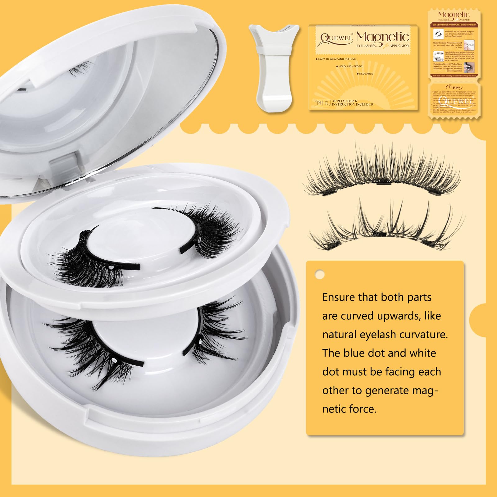 QUEWEL Magnetic Eyelashes Kit - 2 Pair Reusable No Glue False Eyelashes with Applicator | Cat Eye Natural Look Lash Clusters | Easy to Wear & Remove for Daily Makeup, Parties & Special Occasions (A03)