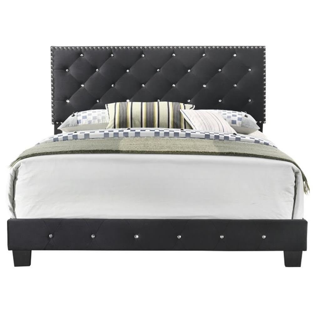 Glory Furniture Suffolk Velvet Upholstered Queen Bed Frame in Black - Luxurious Bedroom Furniture for Modern Home Decor