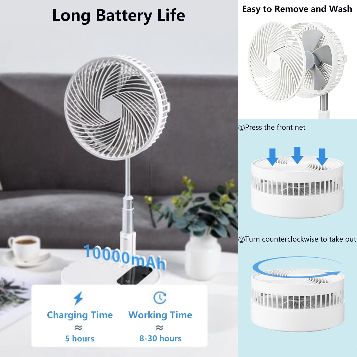 Portable Telescopic Floor Fan with Remote Control - 10000mAh Rechargeable USB Standing Fan, Adjustable Height & 4 Speed Settings, Ultra Quiet for Office, Bedroom, Camping & Outdoor Use
