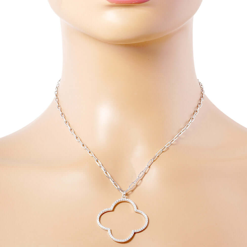 White Gold Dipped CZ Open Quatrefoil Pendant Necklace for Women - Elegant Layering Jewelry for Everyday Wear & Special Occasions