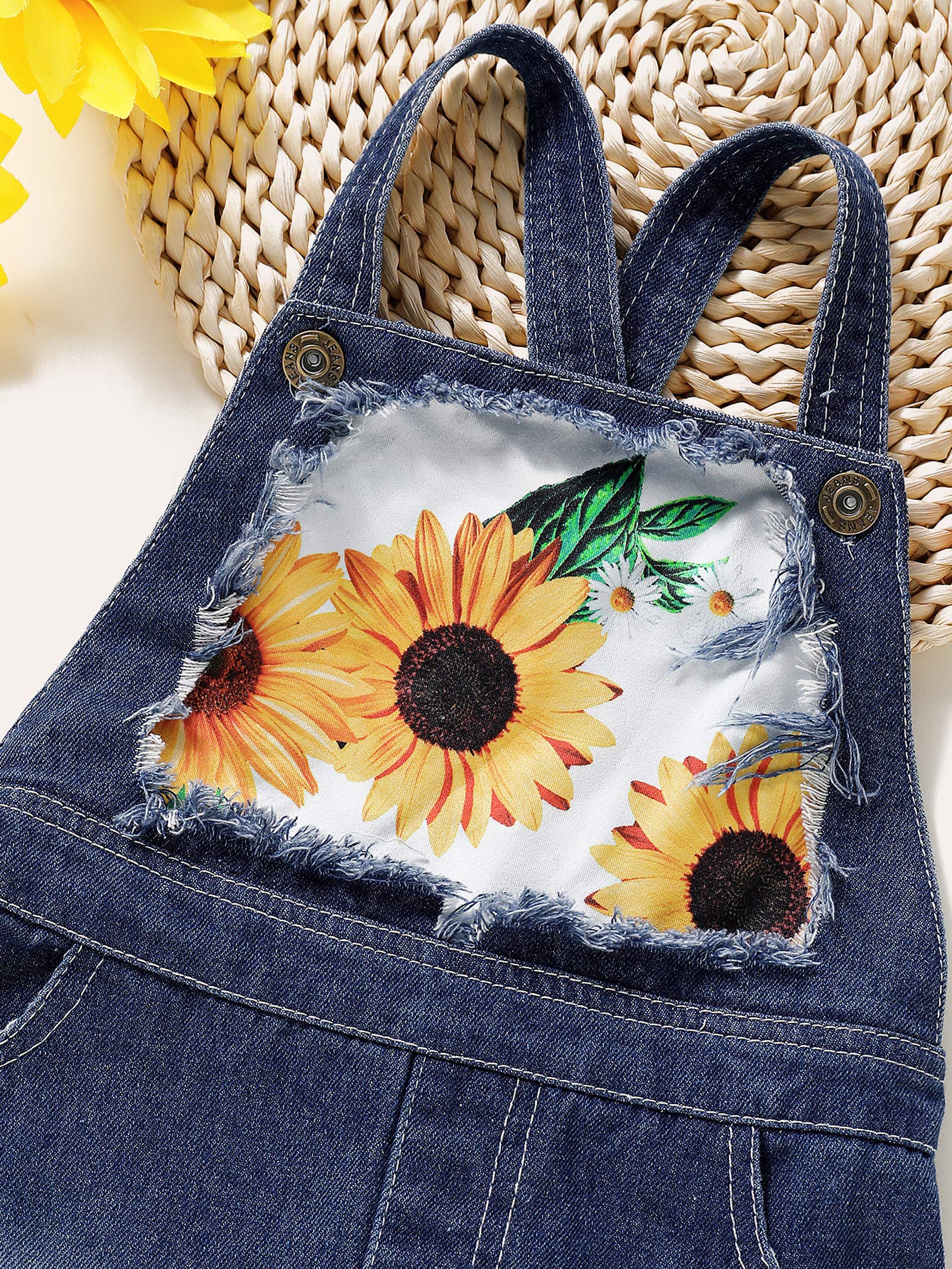 Girls' Sunflower Print Denim Overalls Rompers with Suspenders & Pockets - Toddler One-Piece Outfit for Playdates & Summer Adventures