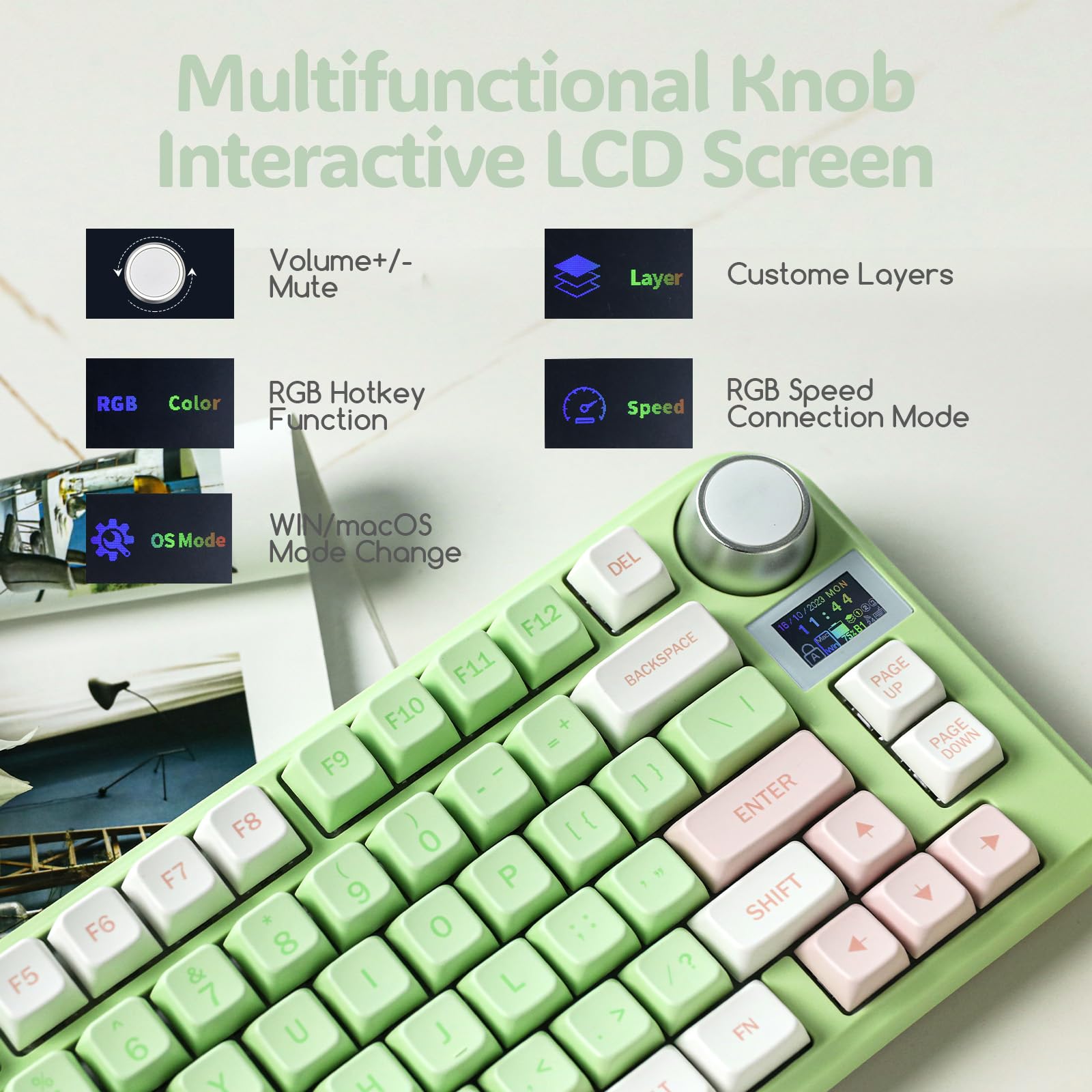 EPOMAKER TH80-X 75% Hot-Swap Mechanical Keyboard - RGB, LCD, 4000mAh for Gaming & Office (Green/Wisteria Switch)